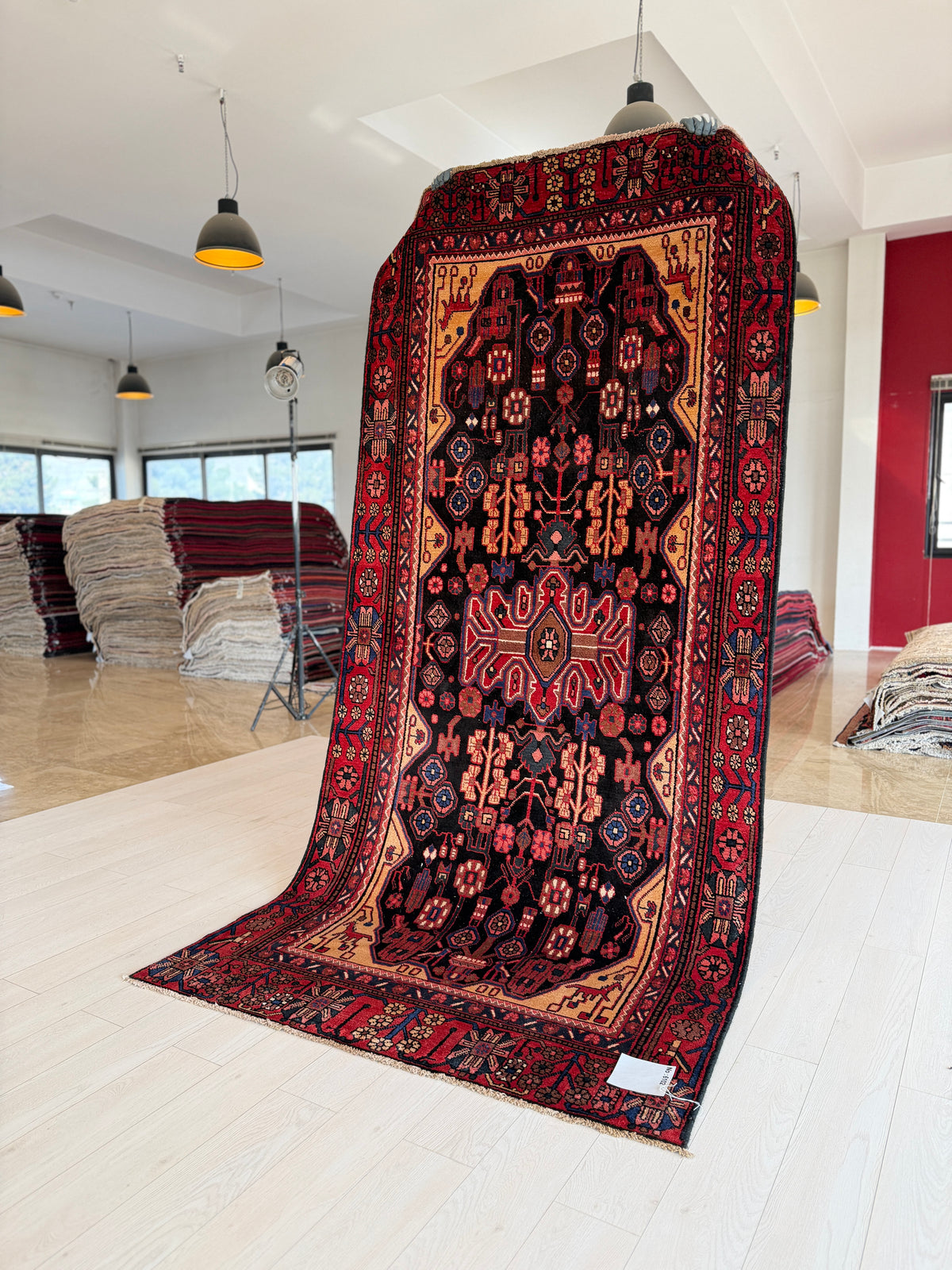Vintage Black & Rust Orange Geometric Allover Wool Rug – 9' 2" x 4' 3" (279 x 130 cm)