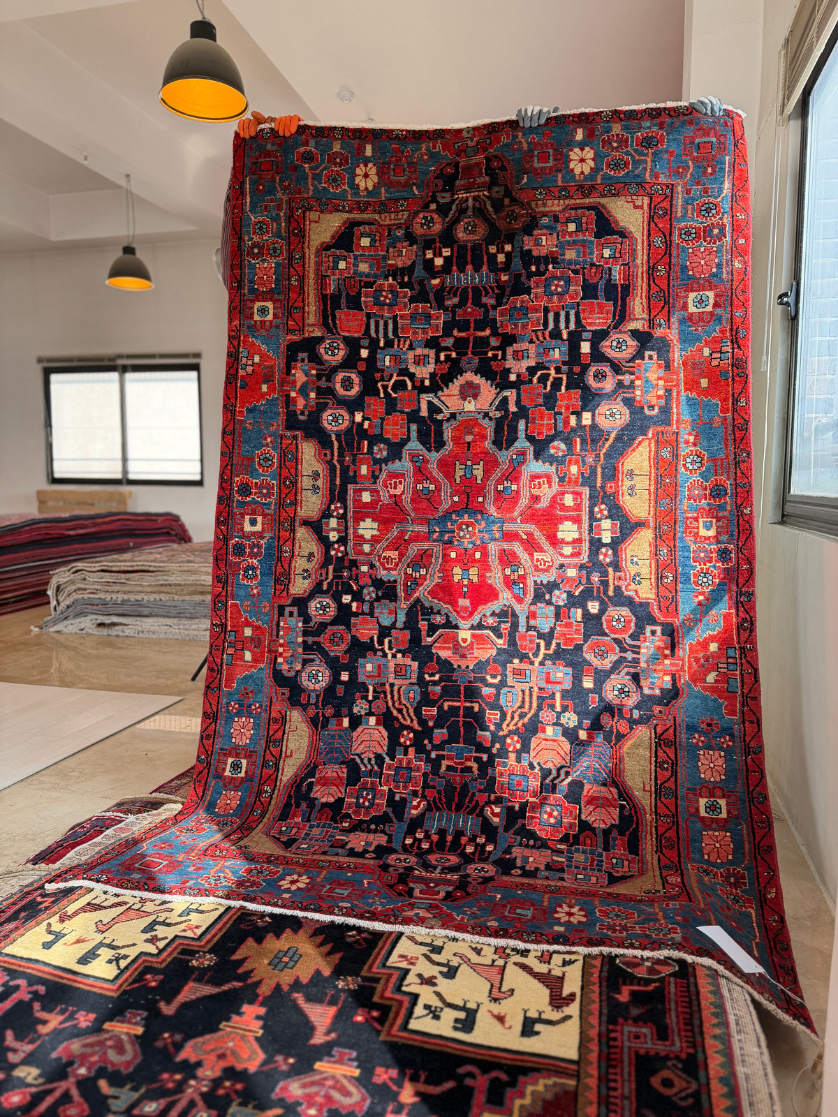 Antique Deep Navy Blue & Red Geometric Medallion Wool Rug – 8' 5" x 5' 0" (257 x 153 cm)