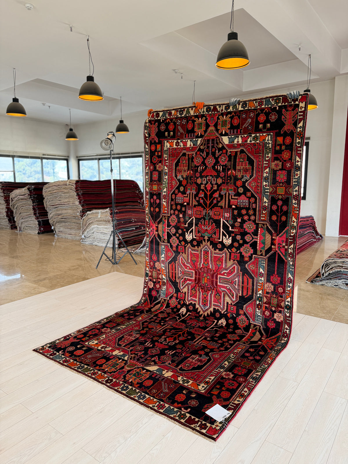 Collectible Vintage Intense Deep Navy Blue & Red Geometric Medallion Wool Rug – 10' 10" x 5' 4" (330 x 163 cm)