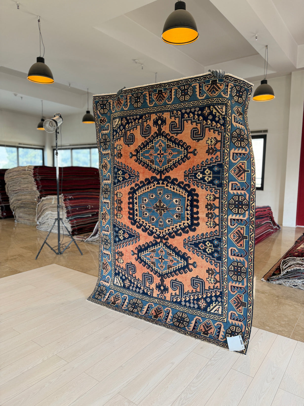 Rare Collectible Vintage Copper Orange & Blue Geometric Medallion Wool Rug – 6' 9" x 5' 1" (206 x 154 cm)