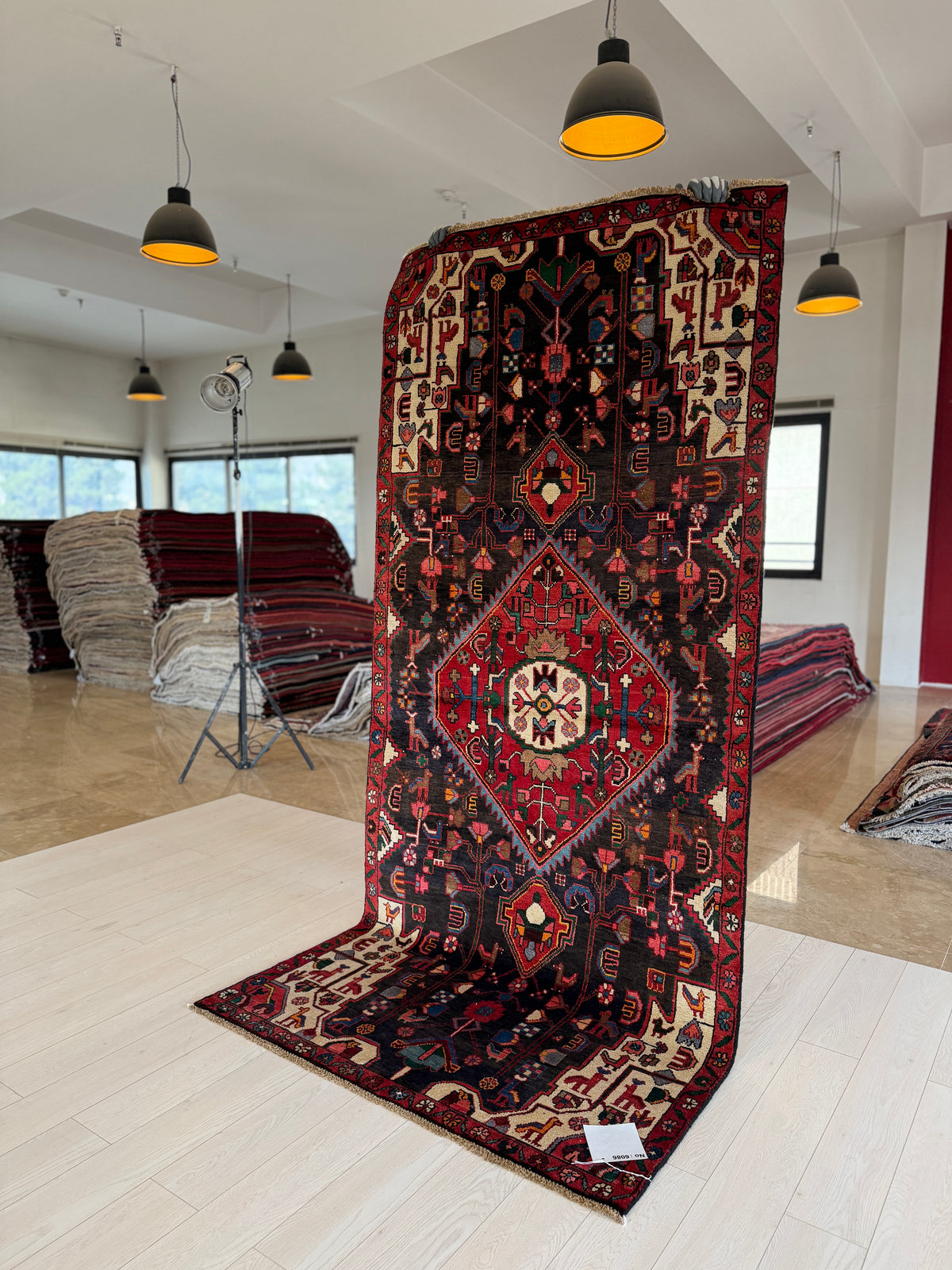 Antique Deep Navy Blue & Black Geometric Medallion Wool Rug – 8' 9" x 3' 11" (266 x 120 cm)