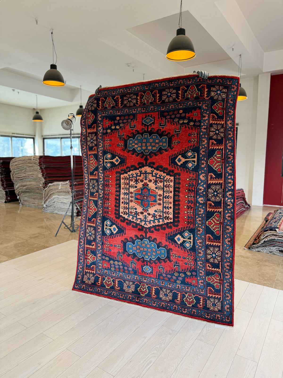 Rare Collectible Vintage Orange Red & Pink Geometric Medallion Wool Rug – 6' 8" x 5' 2" (204 x 158 cm)
