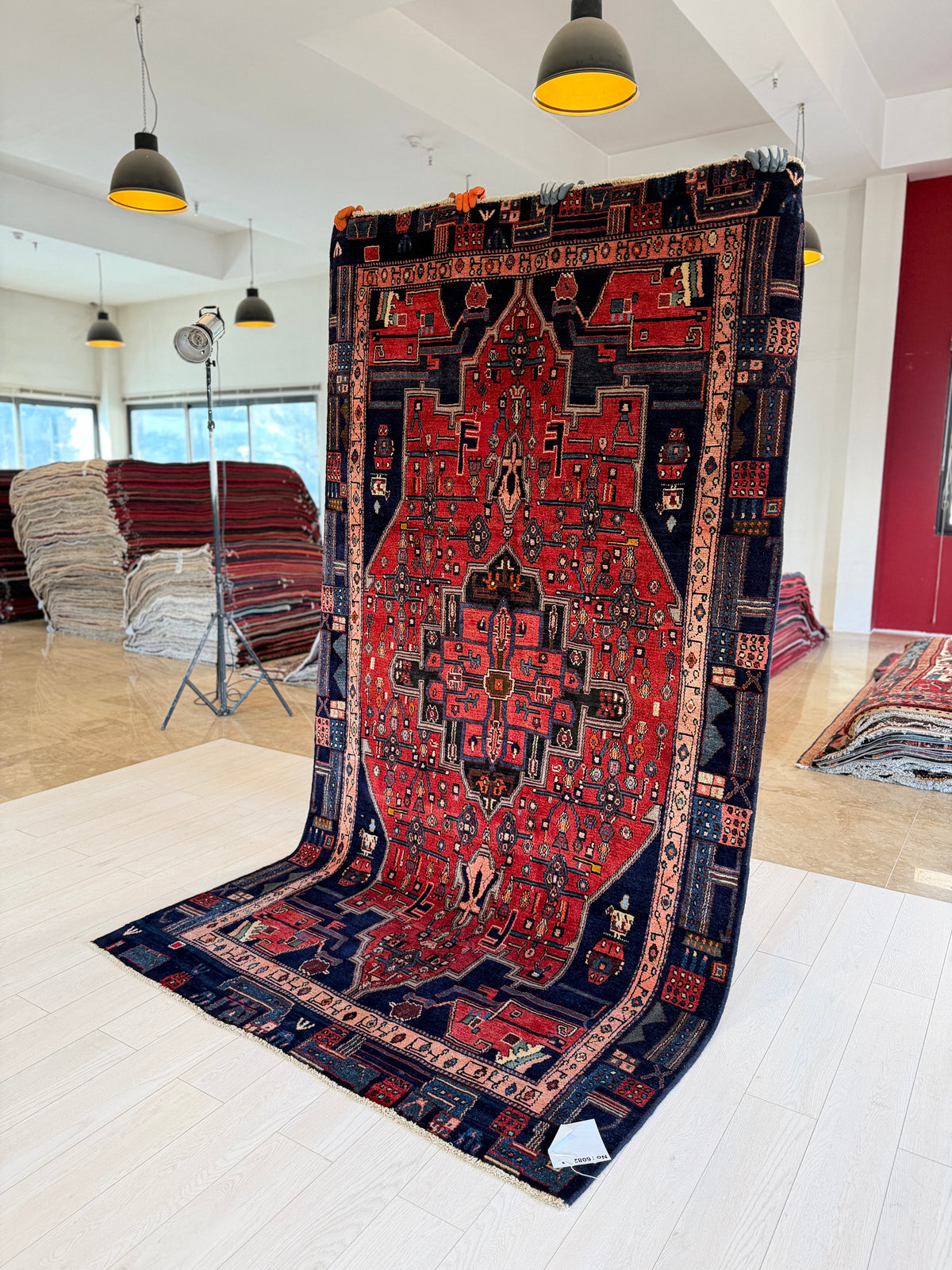 Rare Collectible Vintage Red & Navy Blue Geometric Medallion Wool Rug – 9' 0" x 4' 11" (274 x 151 cm)