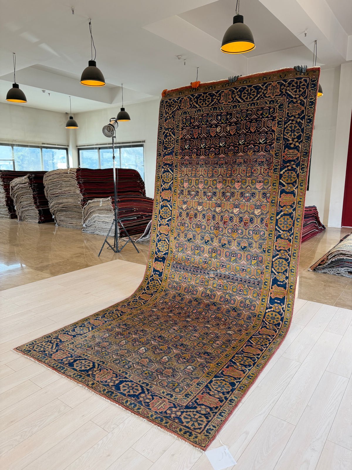 Rare Collectible Antique Orange Yellowish & Blue Wool Rug – 11' 4" x 5' 1" (346 x 156 cm)