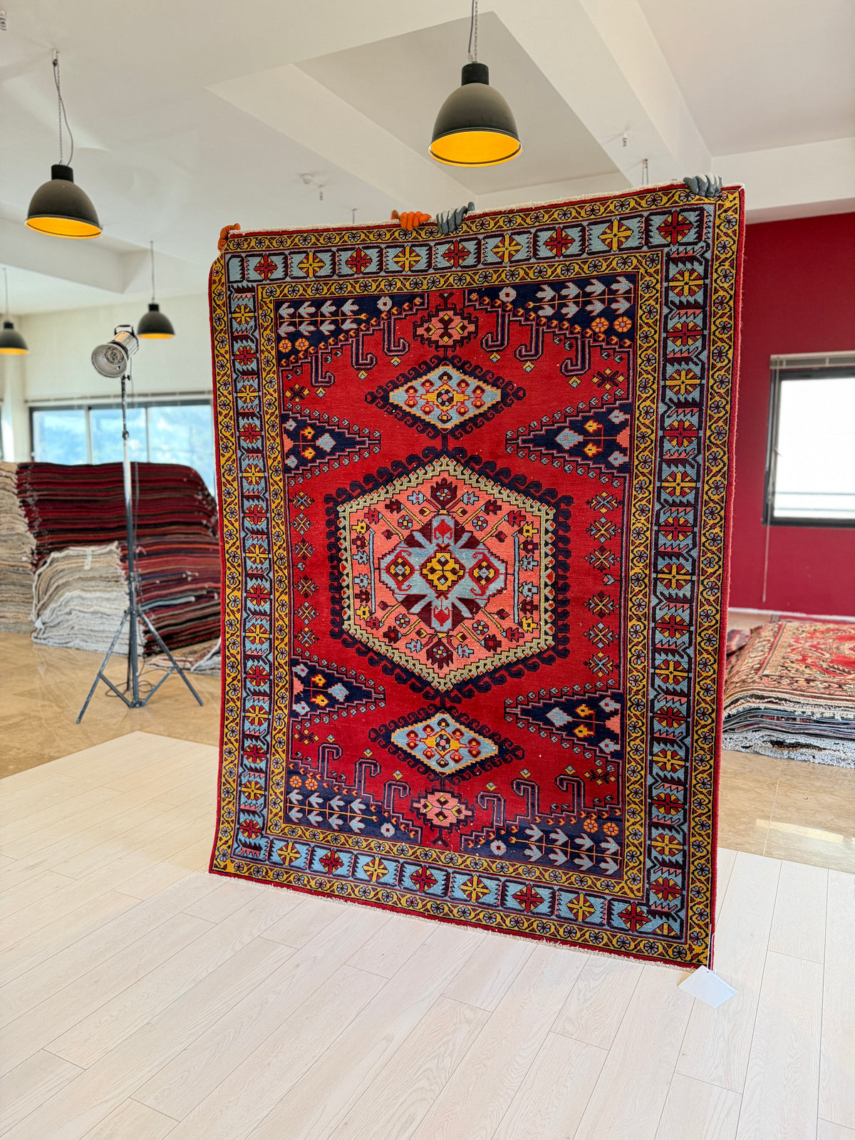 Vintage Orange Red & Pink Geometric Medallion Wool Rug – 6' 9" x 5' 1" (206 x 156 cm)
