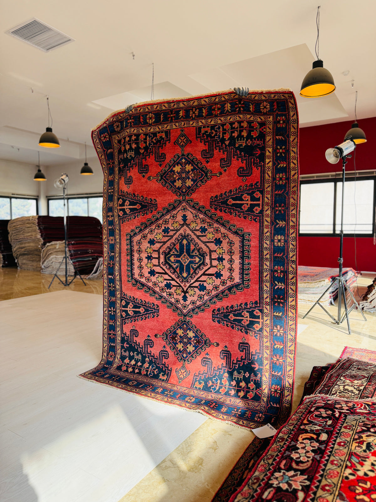 Collectible Vintage Orange Red, Blue & Pink Hand-Knotted Wool Rug – 7' 3" x 5' 1" (220 x 154 cm)