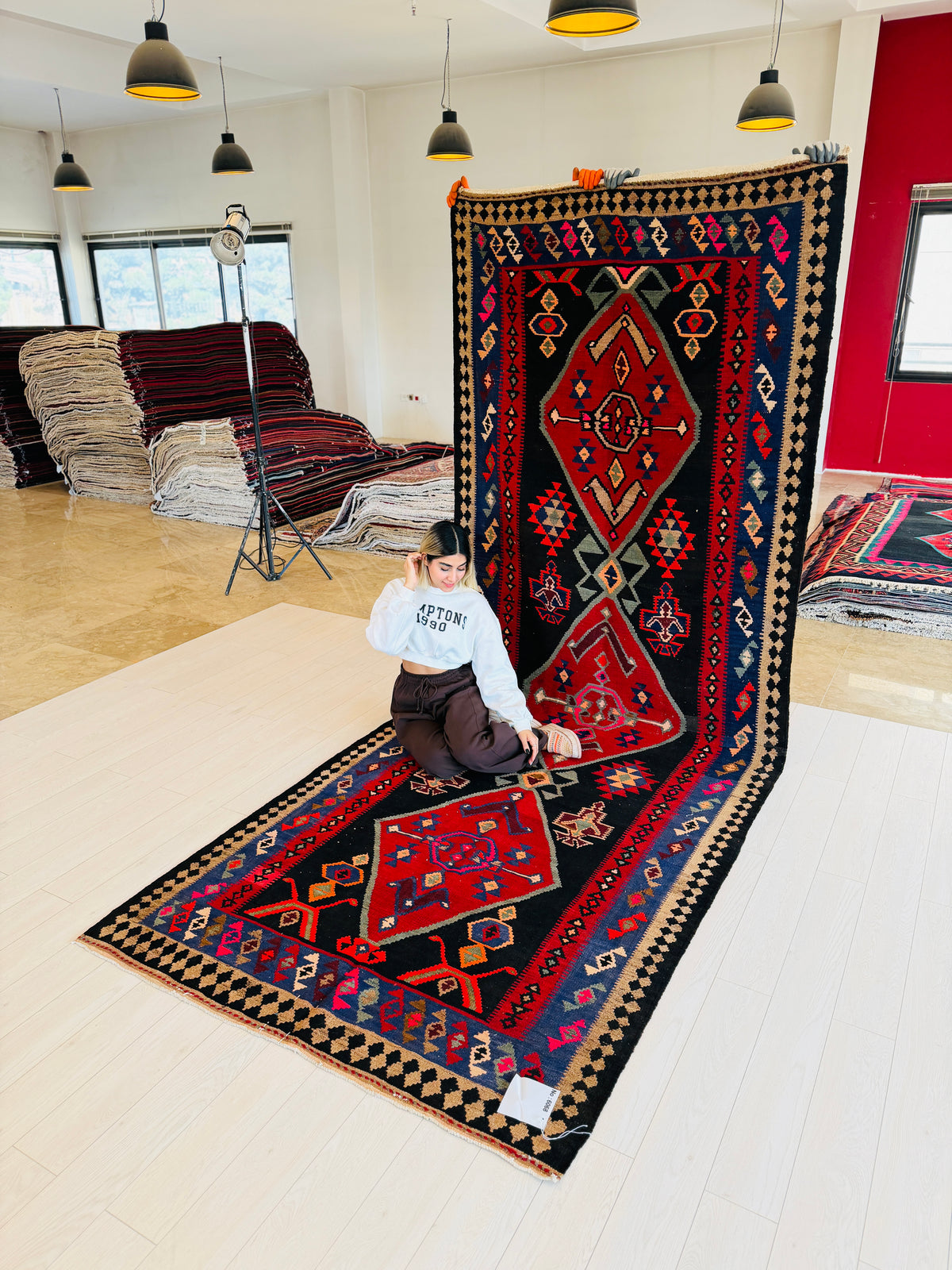 Vintage Deep Navy Blue, Pink & Red Handwoven Kilim – 13' 0" x 4' 11" (396 x 151 cm)
