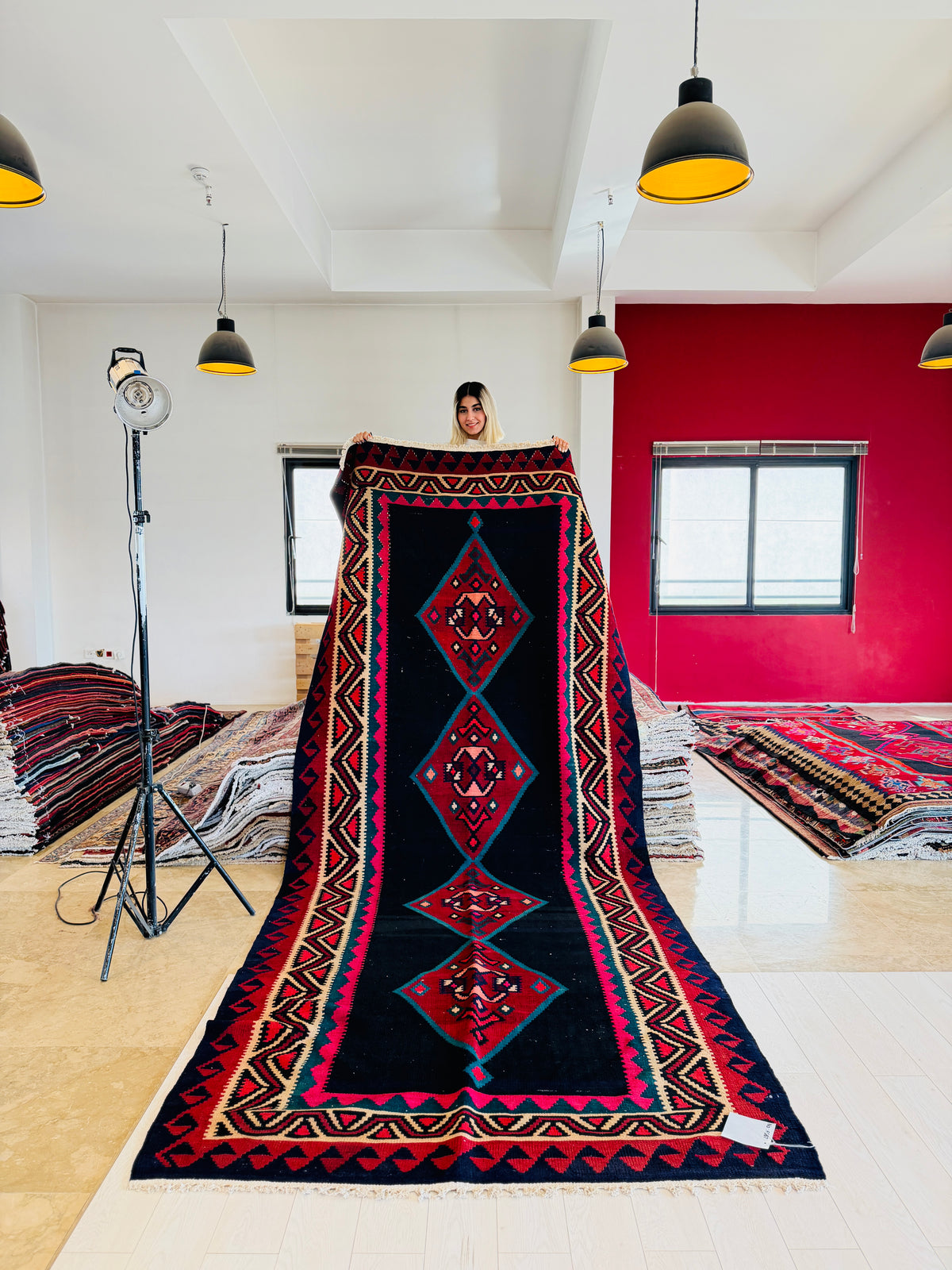Vintage Deep Navy Blue, Pink & Red Handwoven Kilim – 12' 9" x 5' 3" (389 x 160 cm)