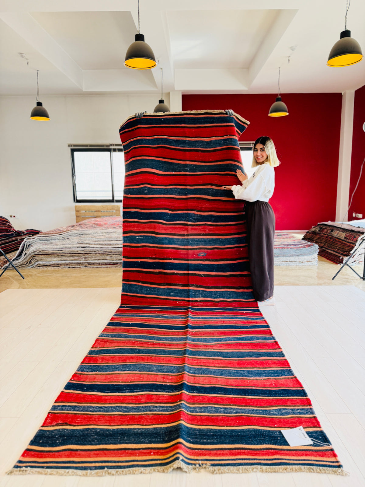 Vintage Red & Navy Blue Handwoven Kilim – 13' 4" x 4' 8" (406 x 141 cm)