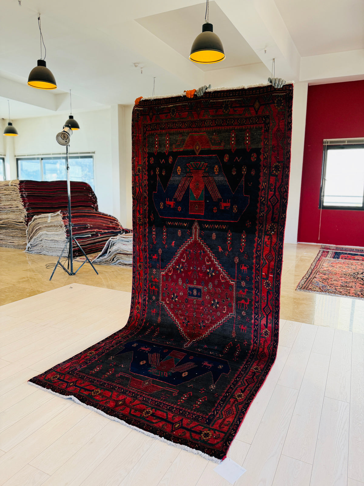 Antique Deep Navy Blue & Red Hand-Knotted Wool Rug – 10' 1" x 4' 6" (307 x 136 cm)