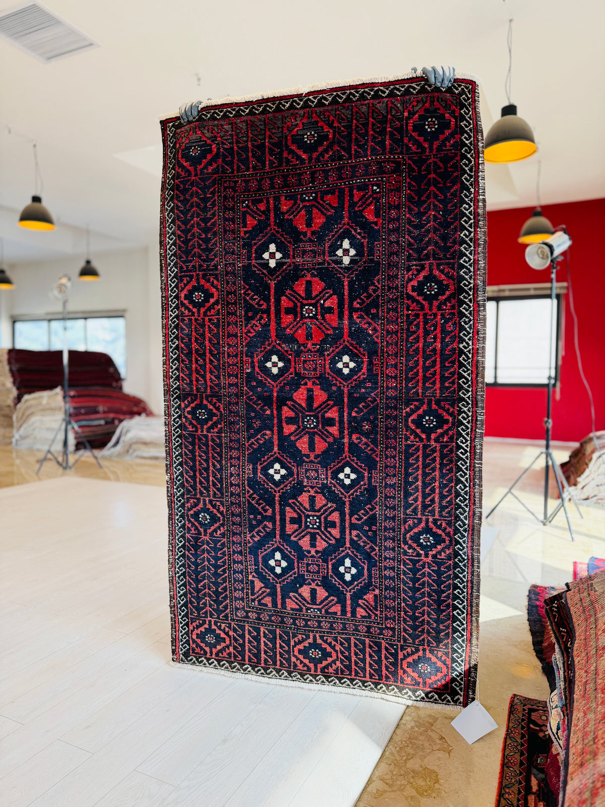 Antique Deep Navy Blue & Red Hand-Knotted Wool Rug – 6' 3" x 3' 6" (191 x 107 cm)