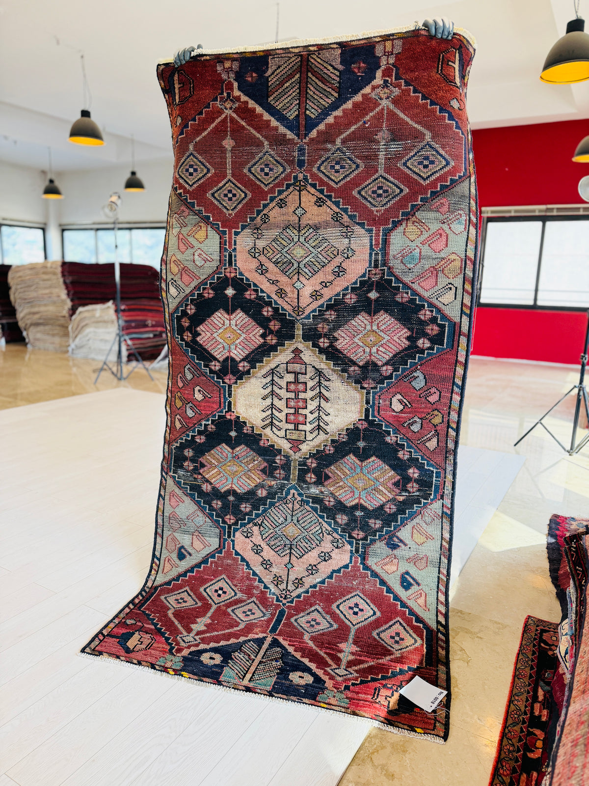 Antique Red, Navy Blue & Pink Hand-Knotted Wool Rug – 7' 11" x 3' 10" (242 x 118 cm)