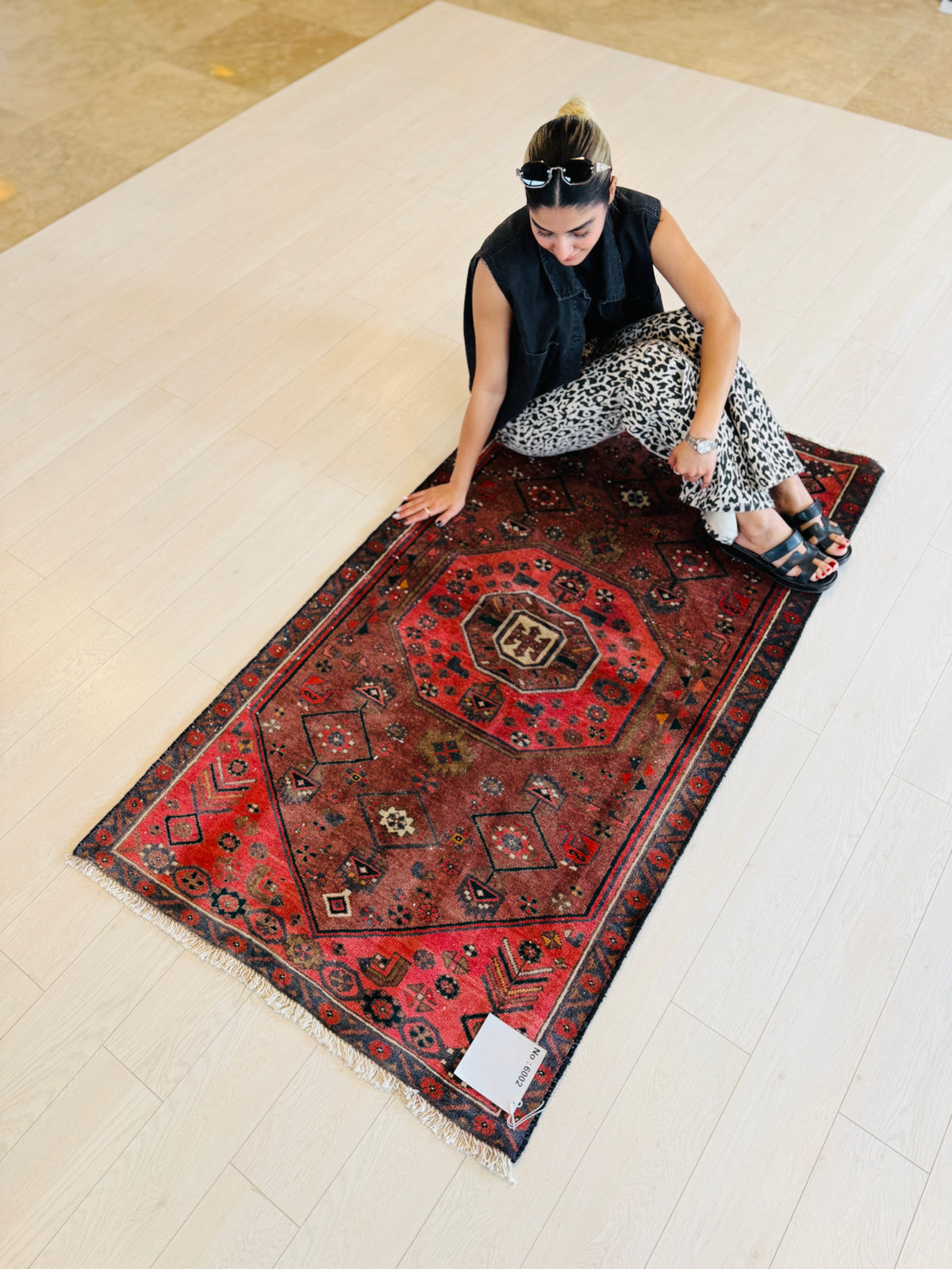 Vintage Rust Red & Pink Hand-Knotted Wool Rug – 5' 9" x 3' 1" (174 x 95 cm)