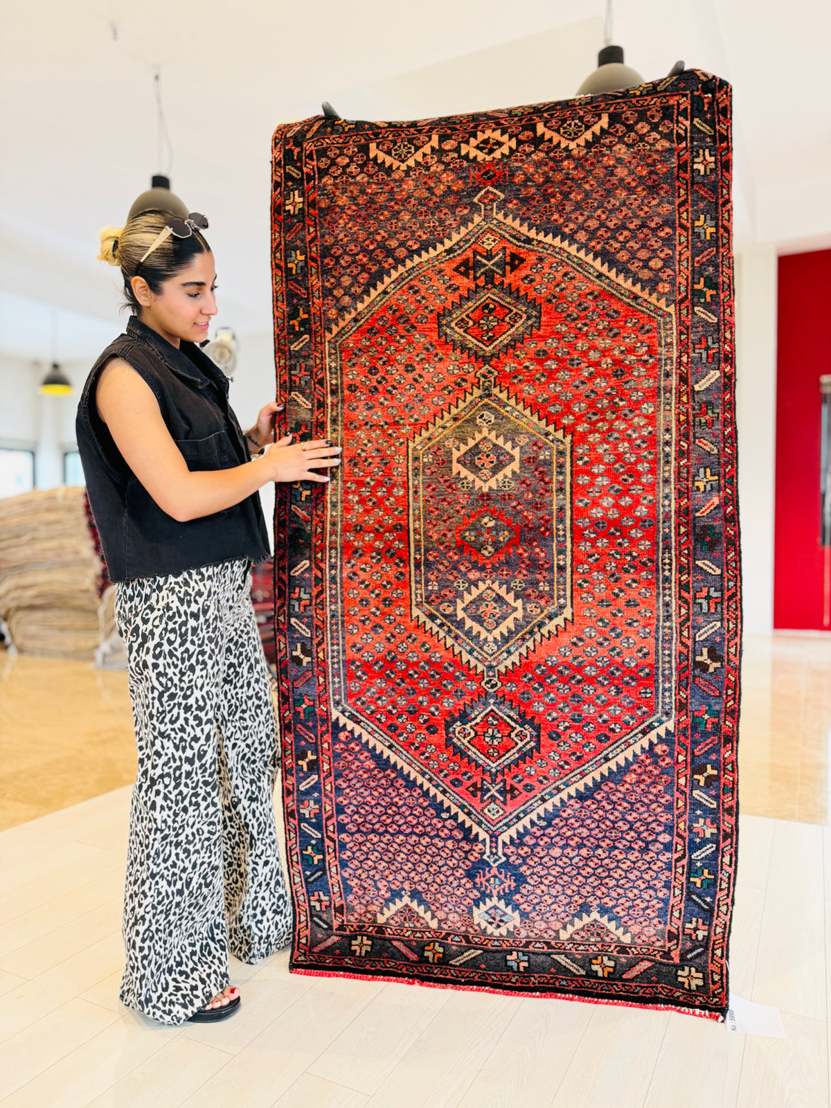 Vintage Red & Navy Blue Hand-Knotted Wool Rug – 6' 6" x 3' 4" (198 x 102 cm)