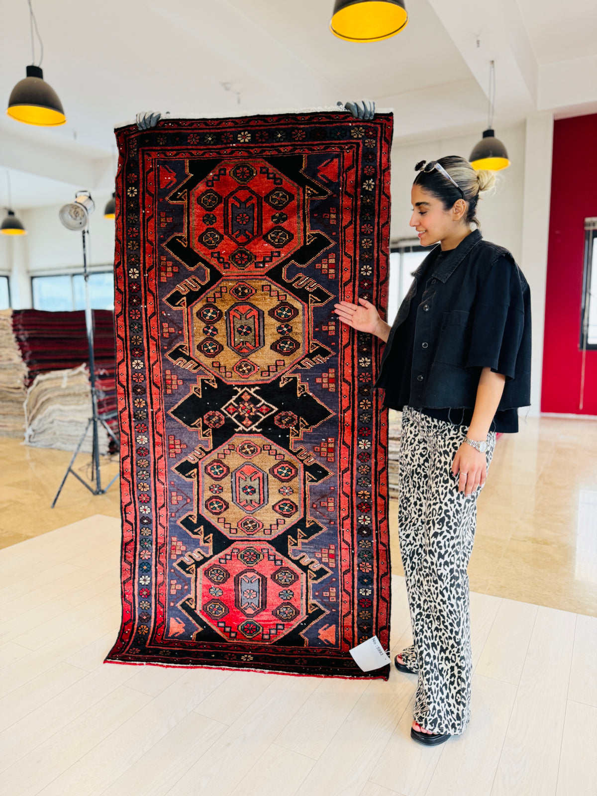 Vintage Red & Navy Blue Hand-Knotted Wool Rug – 6' 6" x 3' 4" (199 x 101 cm)