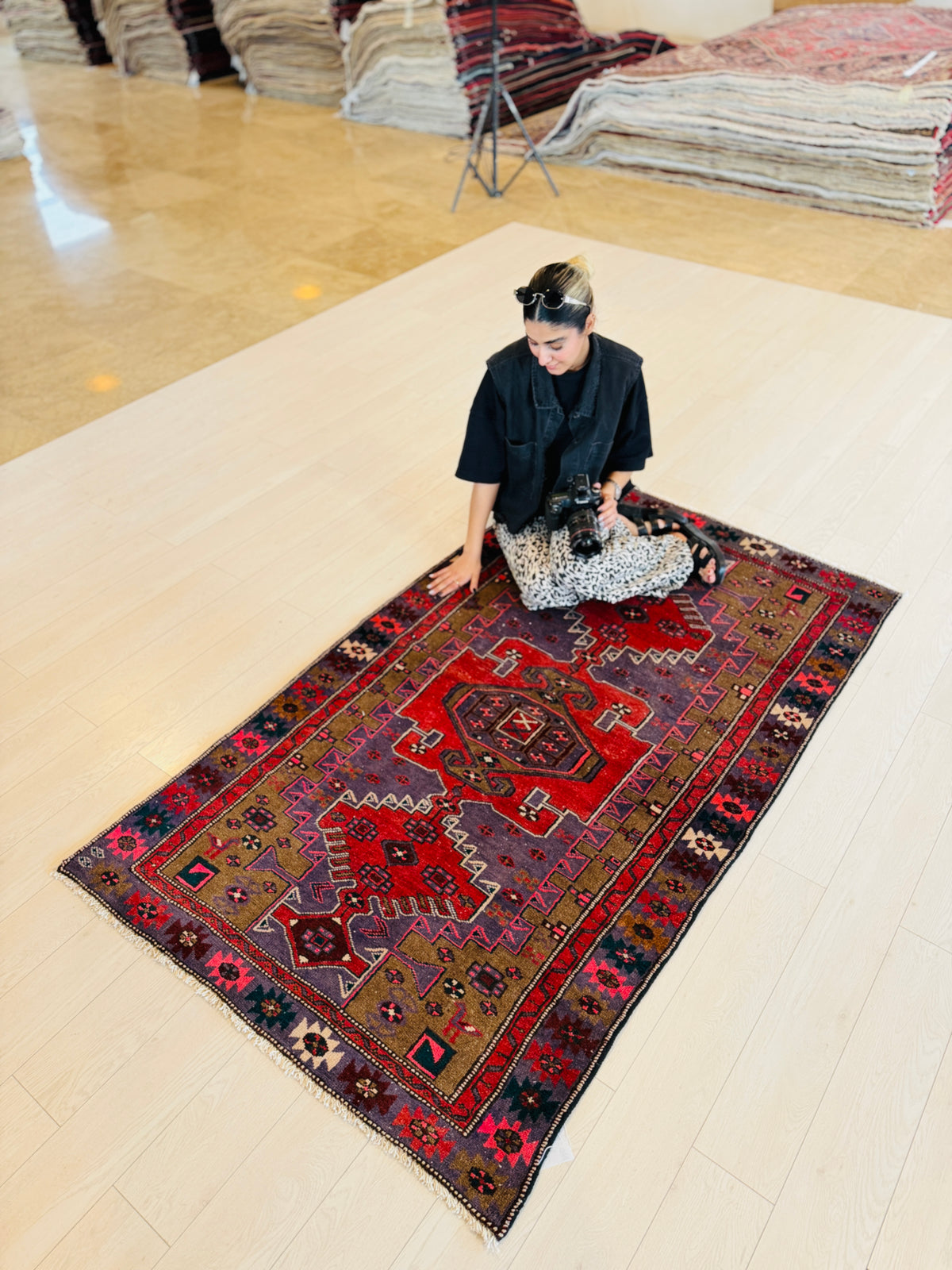Vintage Purple, Red & Brown Hand-Knotted Wool Rug – 6' 5" x 3' 10" (196 x 116 cm)