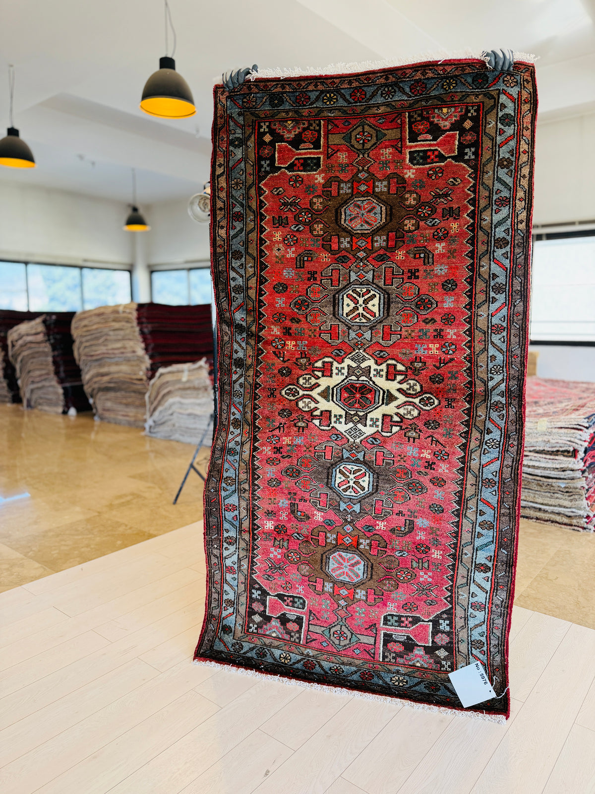 Vintage Red, Blue Hand-Knotted Wool Rug – 6' 6" x 3' 5" (198 x 104 cm)