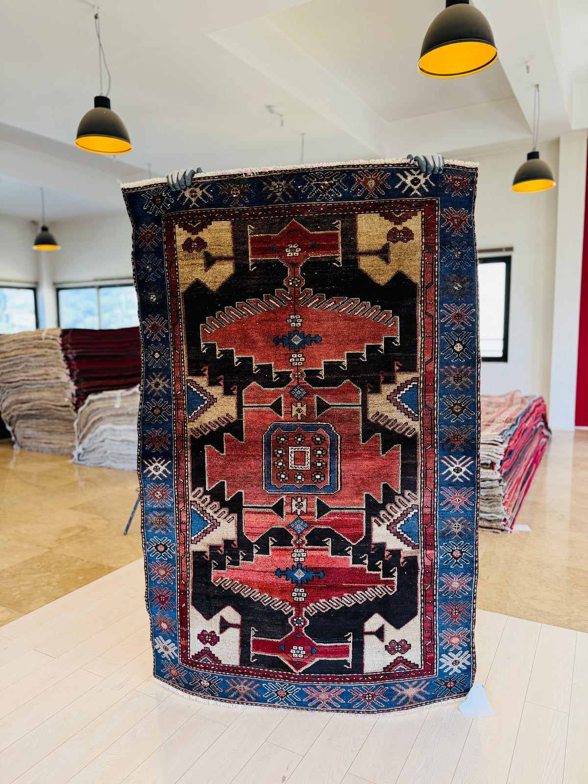Vintage Rust Red, Blue Hand-Knotted Wool Rug – 6' 1" x 3' 11" (185 x 119 cm)