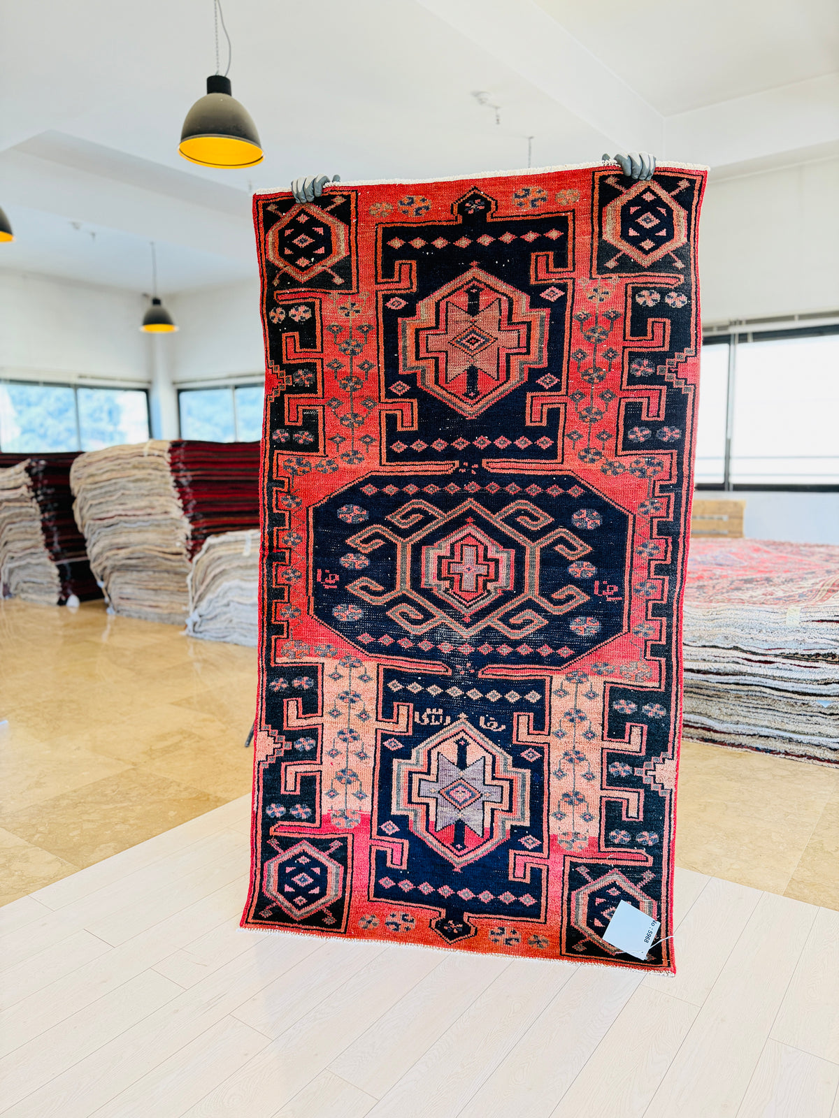 Antique Orange, Navy Blue Hand-Knotted Wool Rug – 6' 5" x 3' 8" (195 x 112 cm)
