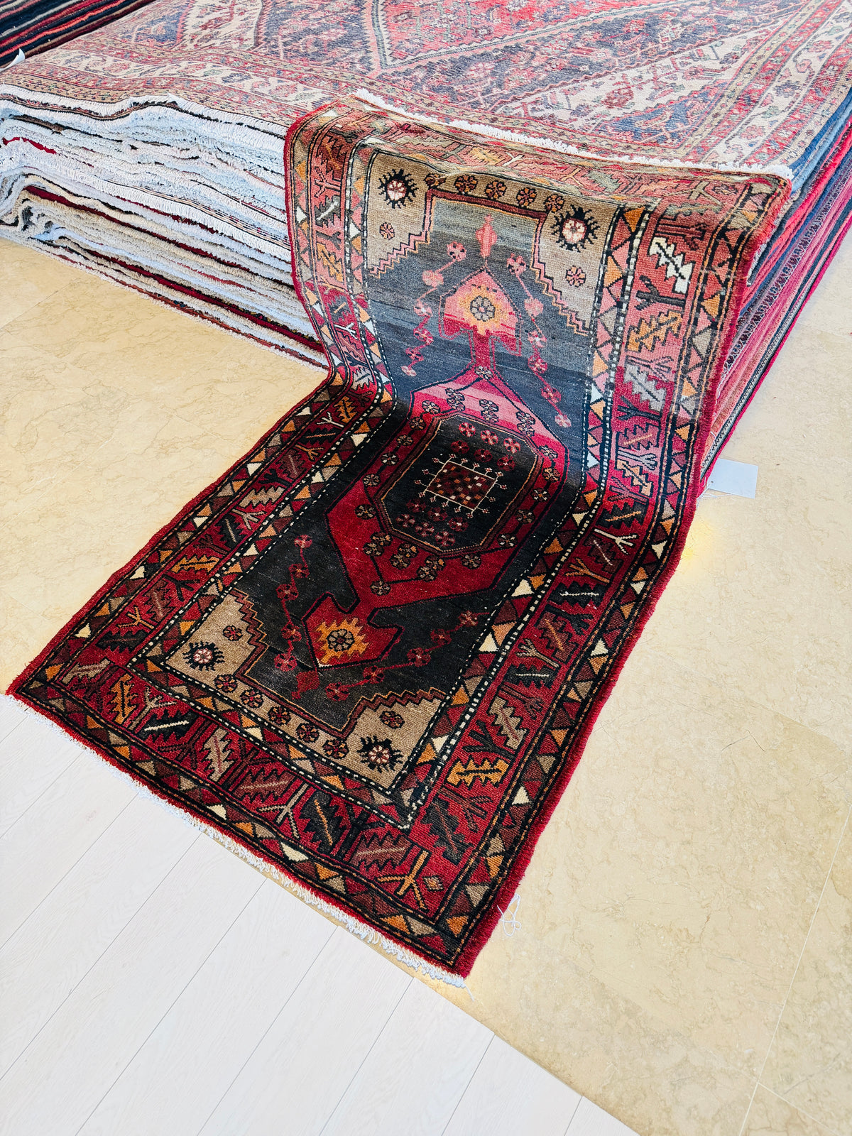 Vintage Red, Charcoal Black Hand-Knotted Wool Rug – 6' 3" x 3' 4" (190 x 102 cm)