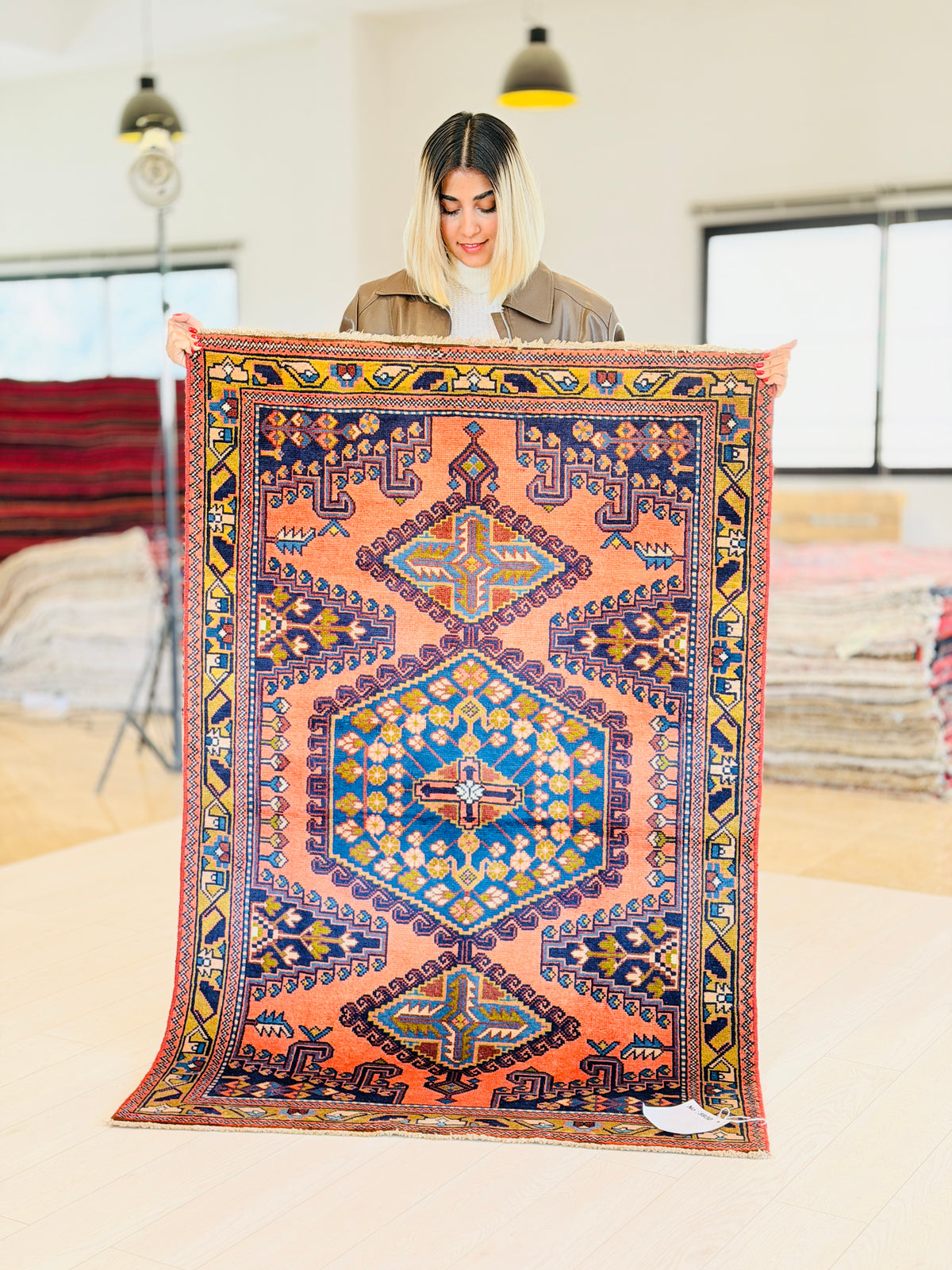Small Vintage Orange-Red & Blue Rug – 5' 3" x 3' 5" (159 x 105 cm)