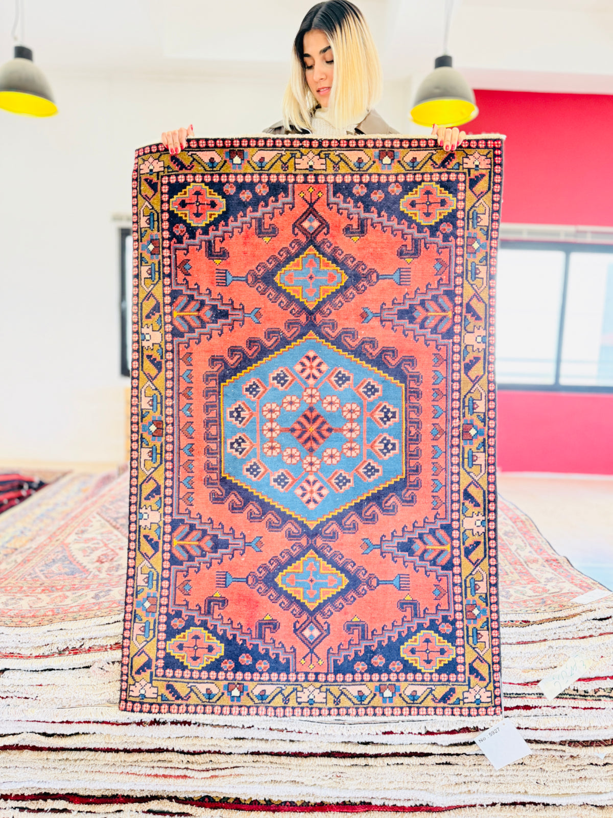 Small Vintage Orange-Red & Blue Rug – 5' 0" x 3' 3" (152 x 100 cm)