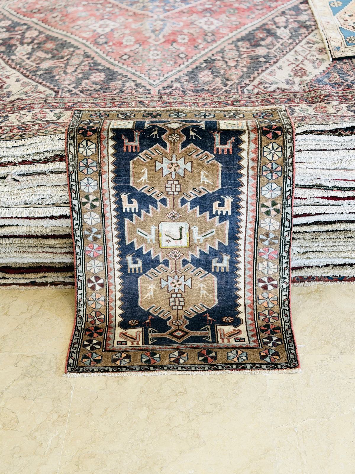Small Vintage Navy Blue, Brown Rug – 3' 7" x 2' 6" (109 x 75 cm)