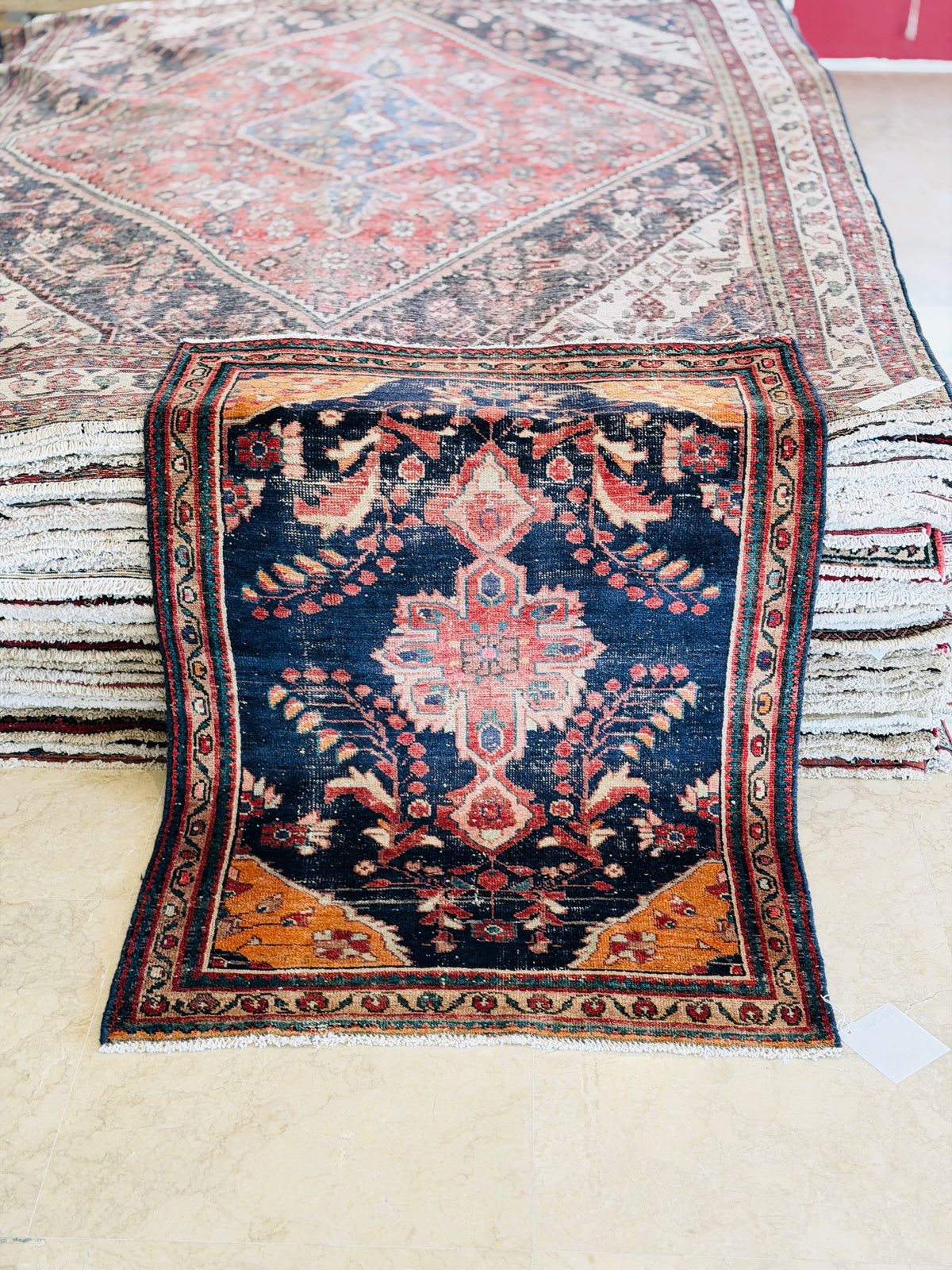Small Antique Navy Blue, Orange Rug – 4' 9" x 3' 3" (146 x 100 cm)
