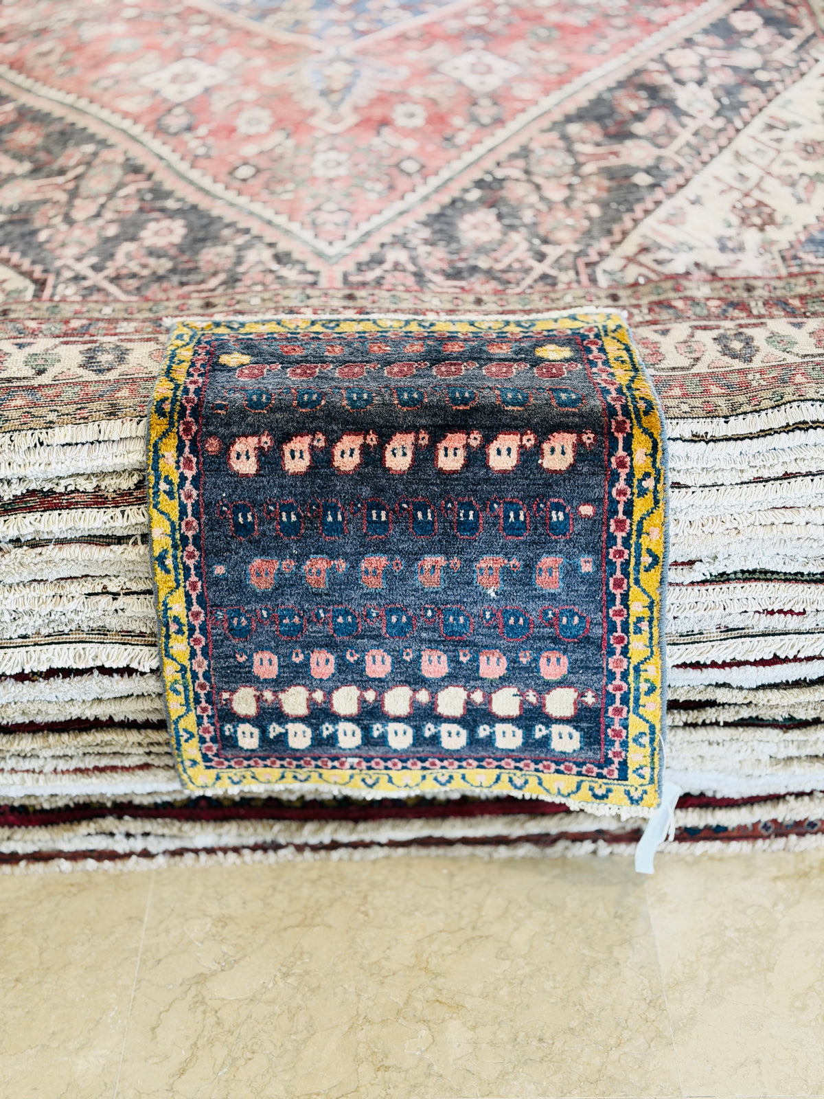 Small Vintage Navy Blue, Yellow Rug – 2' 5" x 1' 10" (73 x 55 cm)