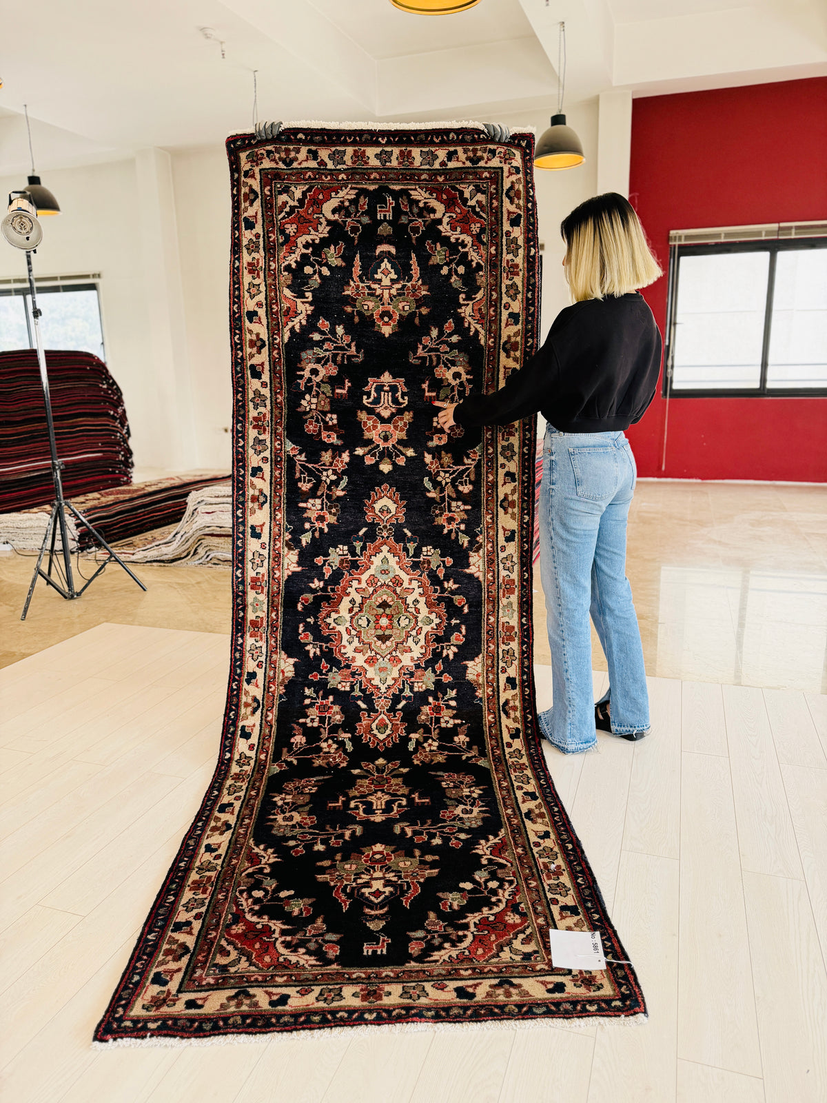 Vintage Deep Navy Blue Geometric Runner Rug – 10' 4" x 3' 5" (314 x 105 cm)