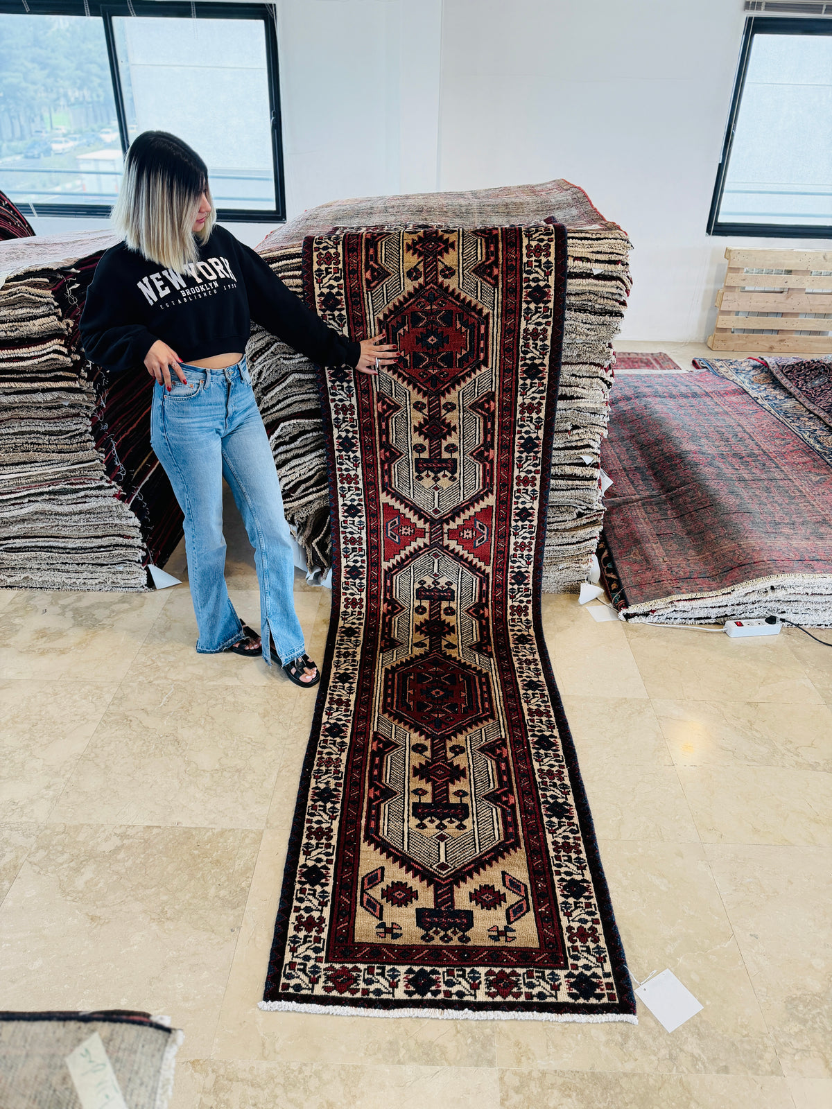 Antique Camel Brown Geometric Runner Rug – 11' 4" x 2' 8" (345 x 81 cm)