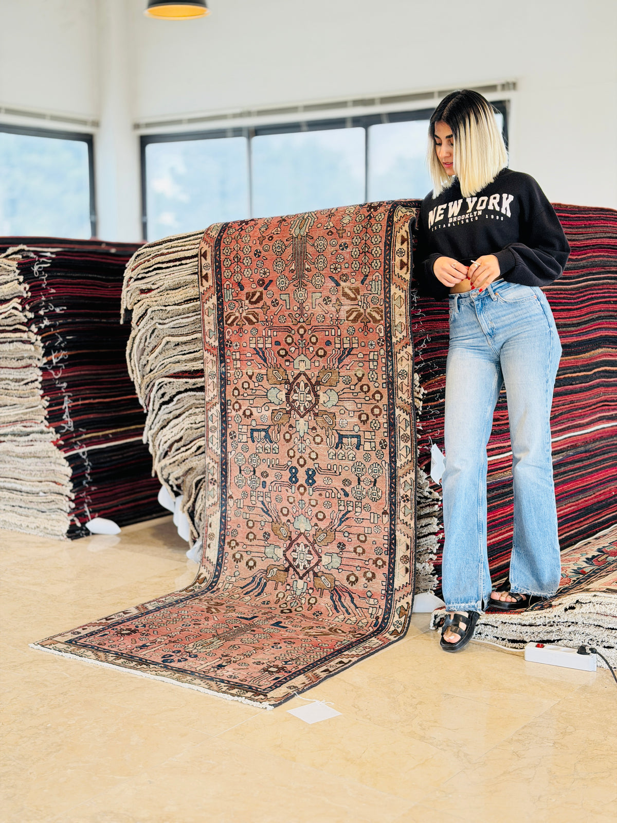 Antique Faded Rust Red Geometric Runner Rug – 7' 11" x 3' 1" (242 x 95 cm)