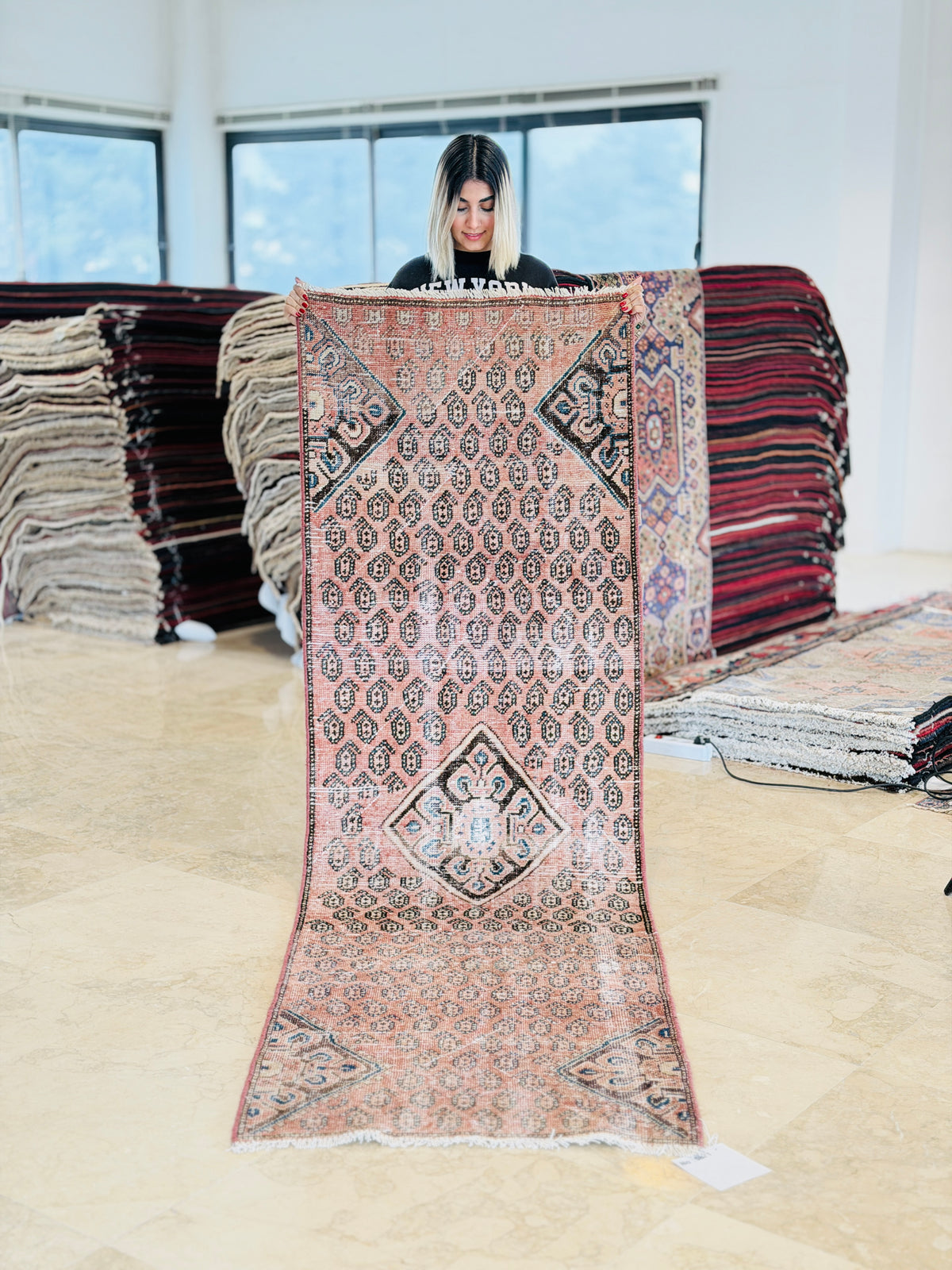 Antique Faded Pinkish Red Geometric Runner Rug – 8' 6" x 2' 7" (259 x 78 cm)