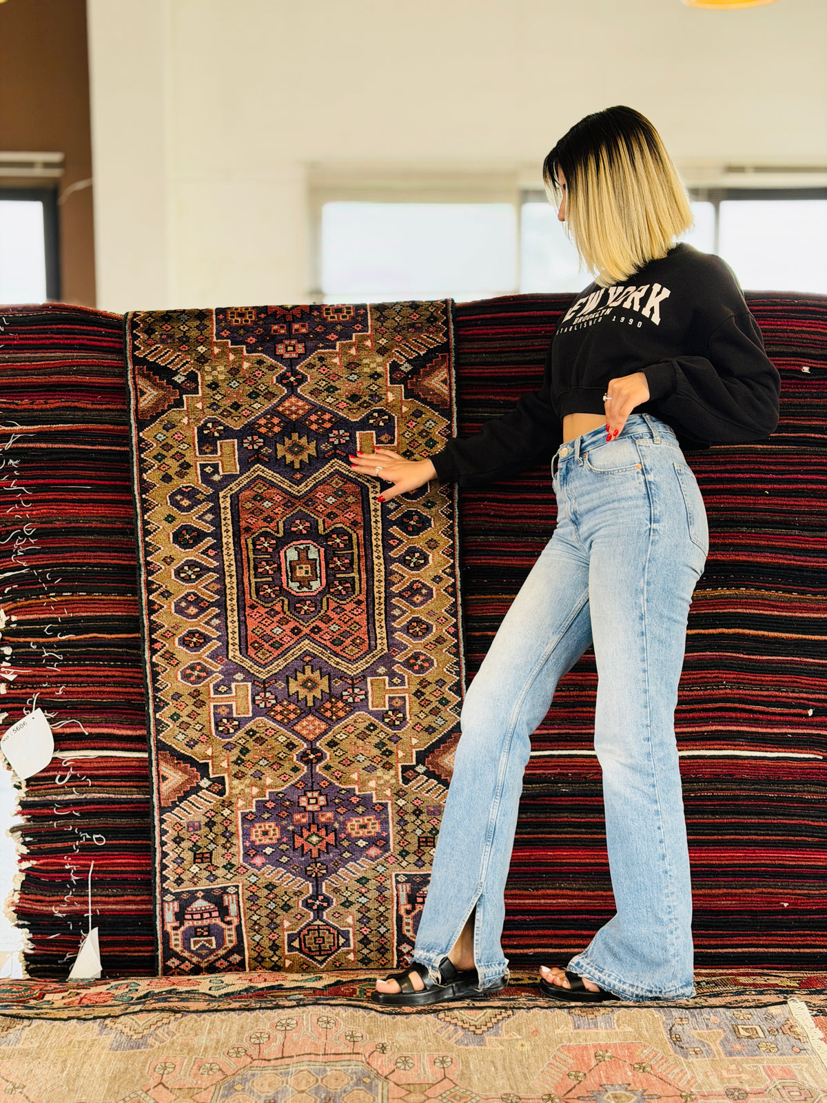 Vintage Brown & Blue Geometric Runner Rug – 5' 6" x 2' 2" (167 x 67 cm)