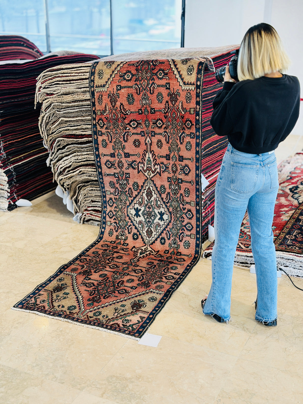 Antique Faded Rust Red & Brown Geometric Runner Rug – 9' 3" x 2' 10" (282 x 87 cm)