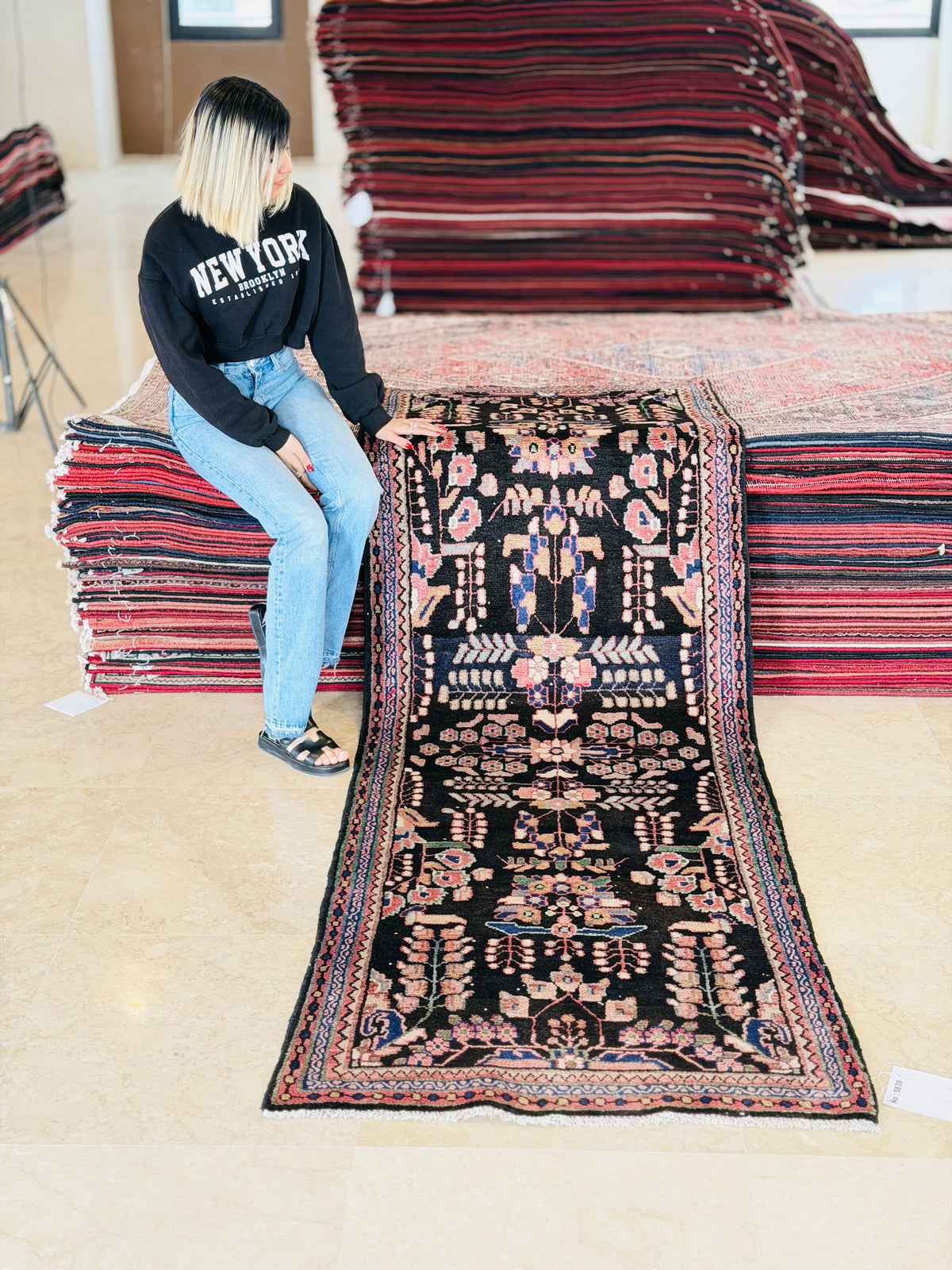 Antique Black & Pink & Blue Geometric Runner Rug – 9' 1" x 3' 0" (278 x 92 cm)