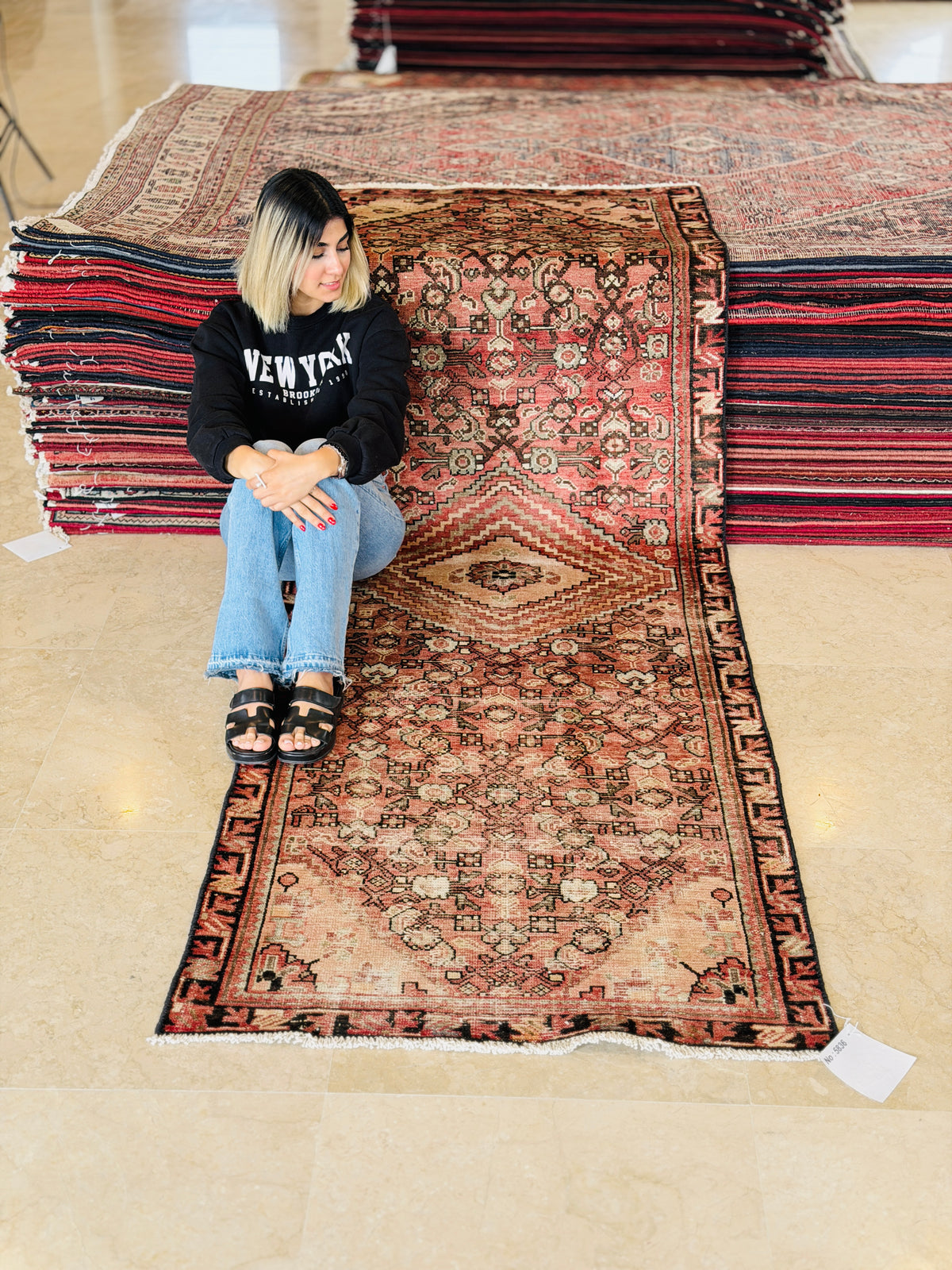 Antique Faded Rust Red Geometric Runner Rug – 9' 6" x 3' 3" (289 x 98 cm)