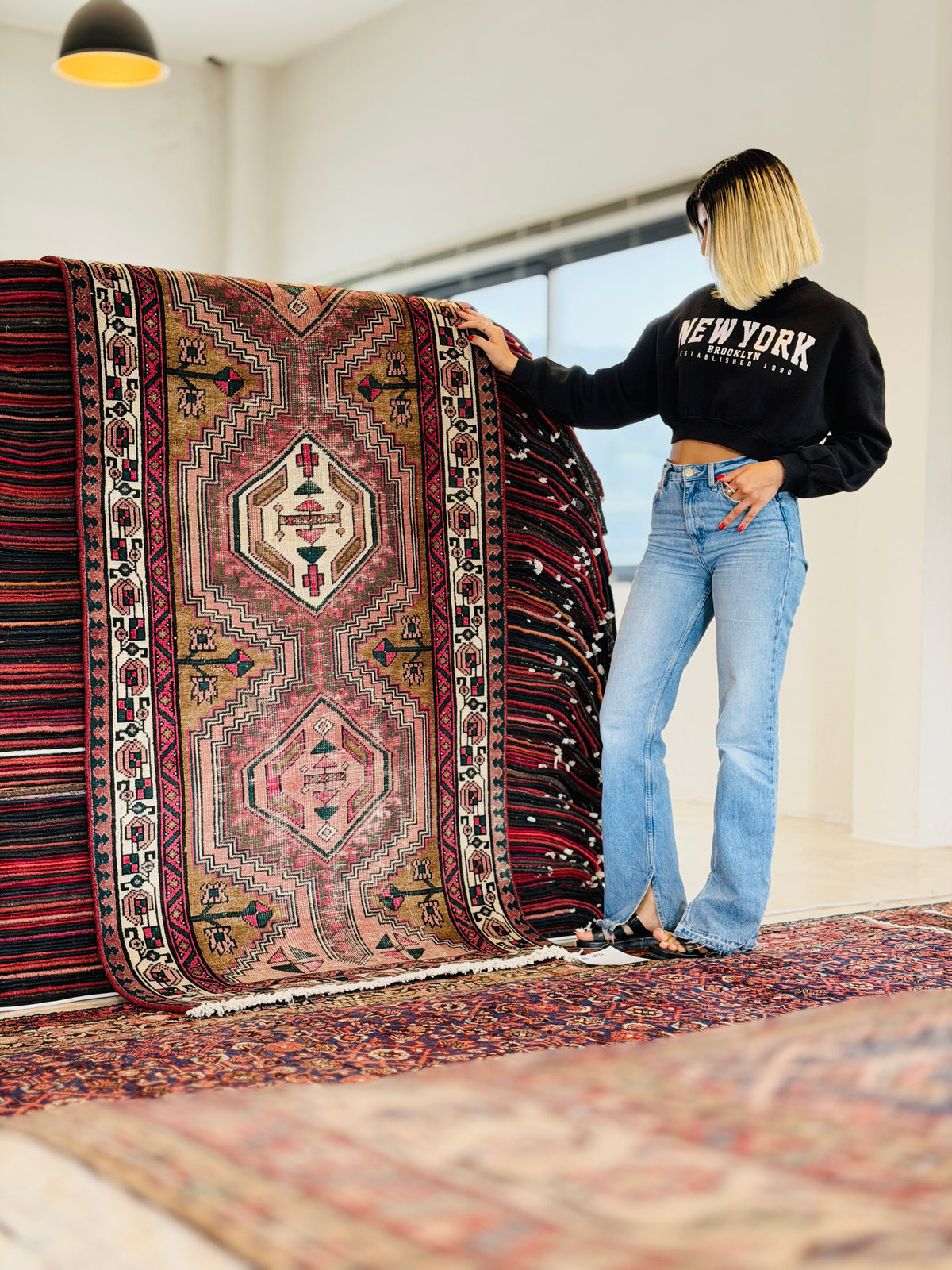 Antique Brown & Pink Geometric Runner Rug – 7' 9" x 3' 3" (237 x 98 cm)