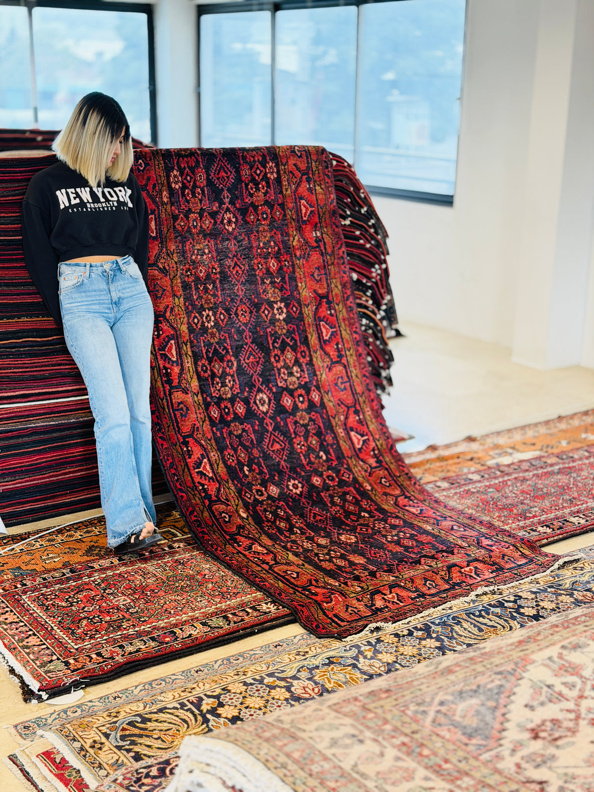 Antique Deep Navy Blue & Red Geometric Runner Rug – 9' 11" x 3' 7" (303 x 108 cm)