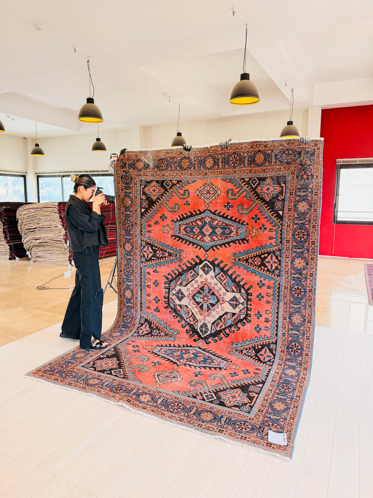 Collectible Vintage Orange-Red Geometric Rug – 10' 6" x 7' 1" (320 x 216 cm)