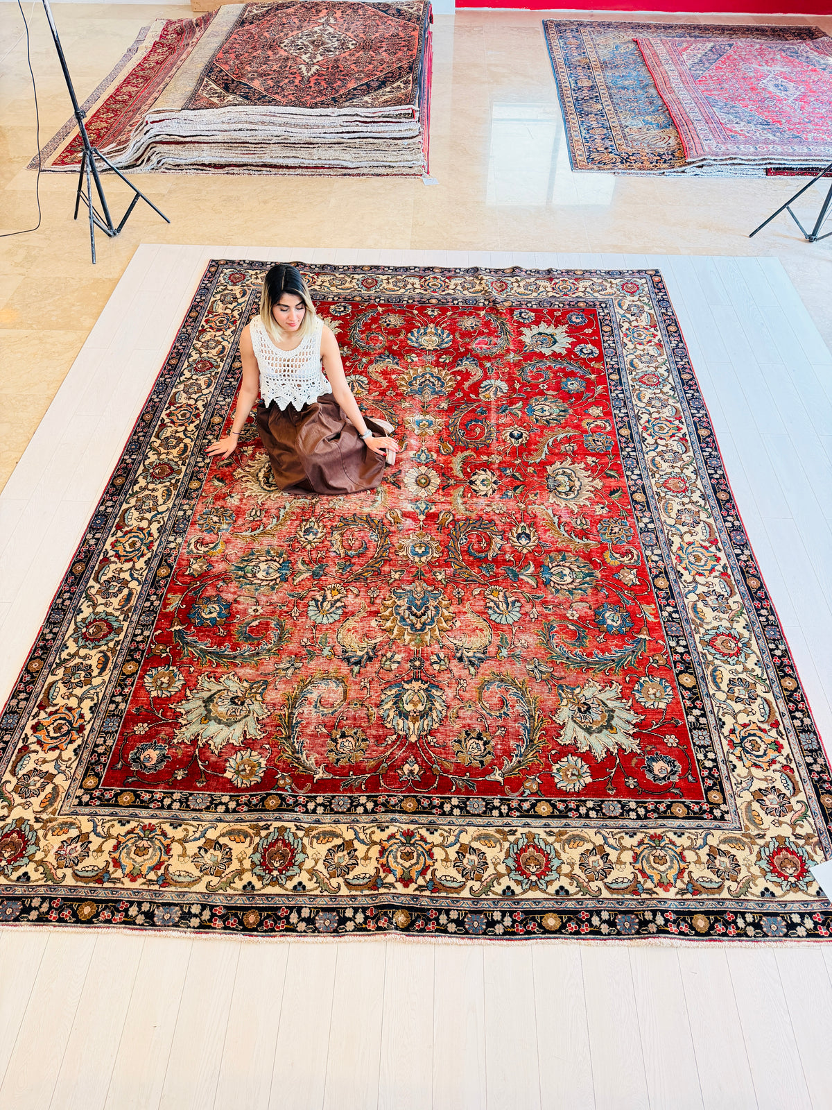 Collectible Vintage Red and Beige Allover Rug – 13' 2" x 9' 7" (401 x 291 cm)