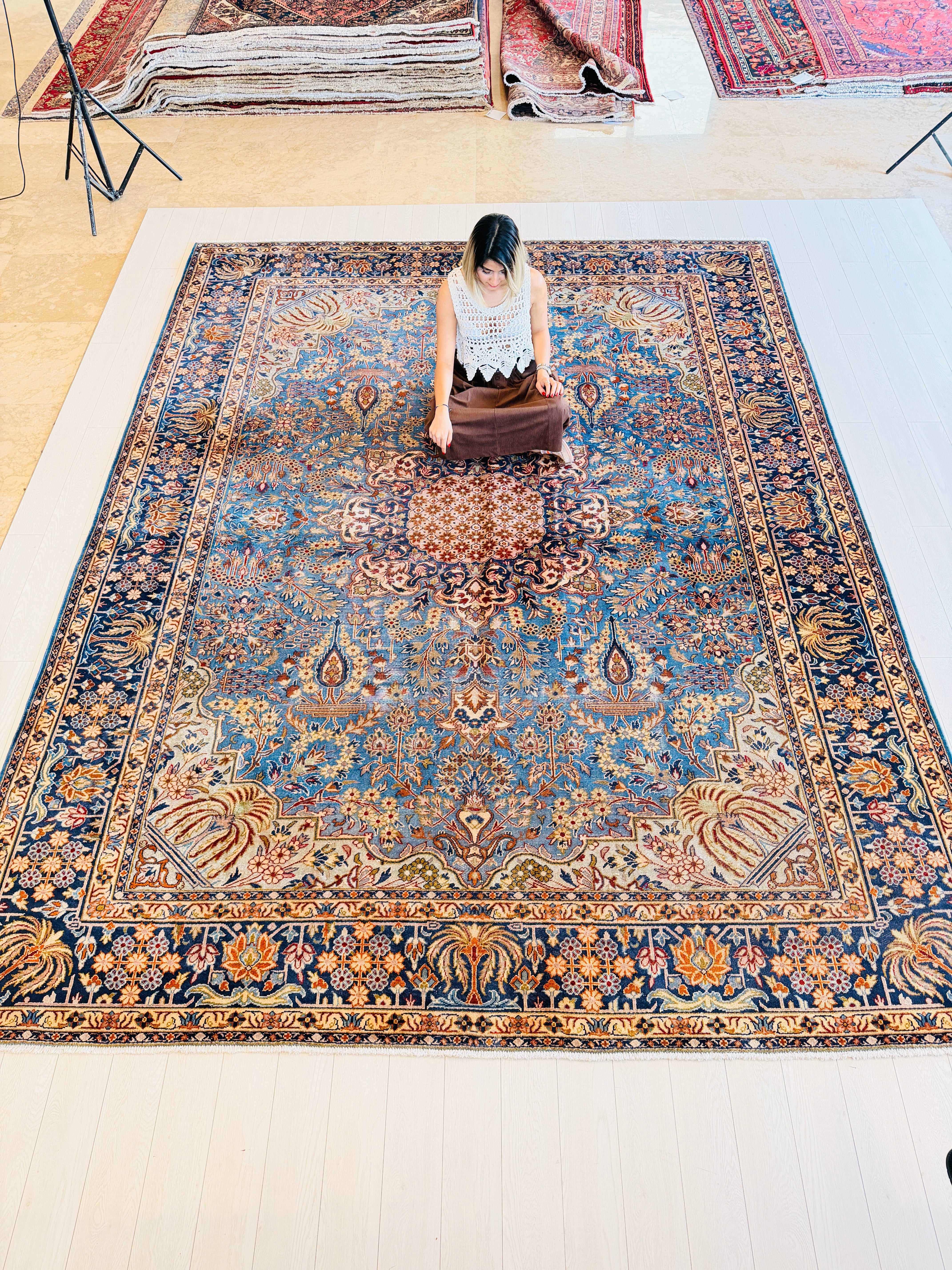 Collectible Vintage Turquoise Blue and Navy Blue Floral Rug – 12' 9" x 9' 10" (388 x 300 cm)