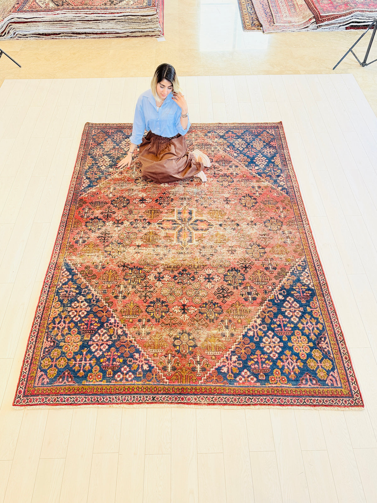 Vintage Faded rust red and navy blue Geometric Rug – 9' 9" x 6' 9" (297 x 207 cm)