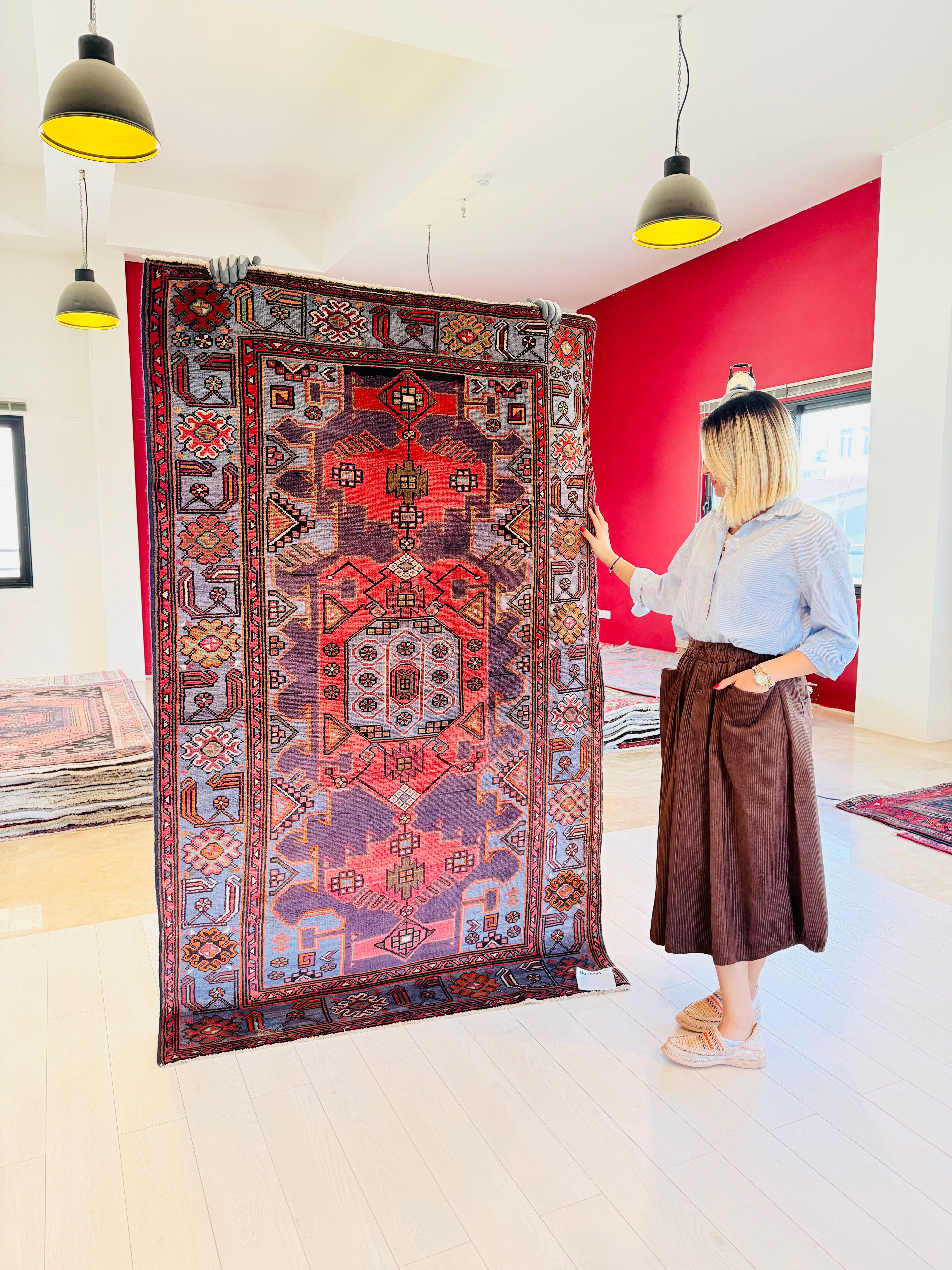 Collectible Vintage Red and blue Geometric Rug – 7' 0" x 4' 4" (213 x 132 cm)