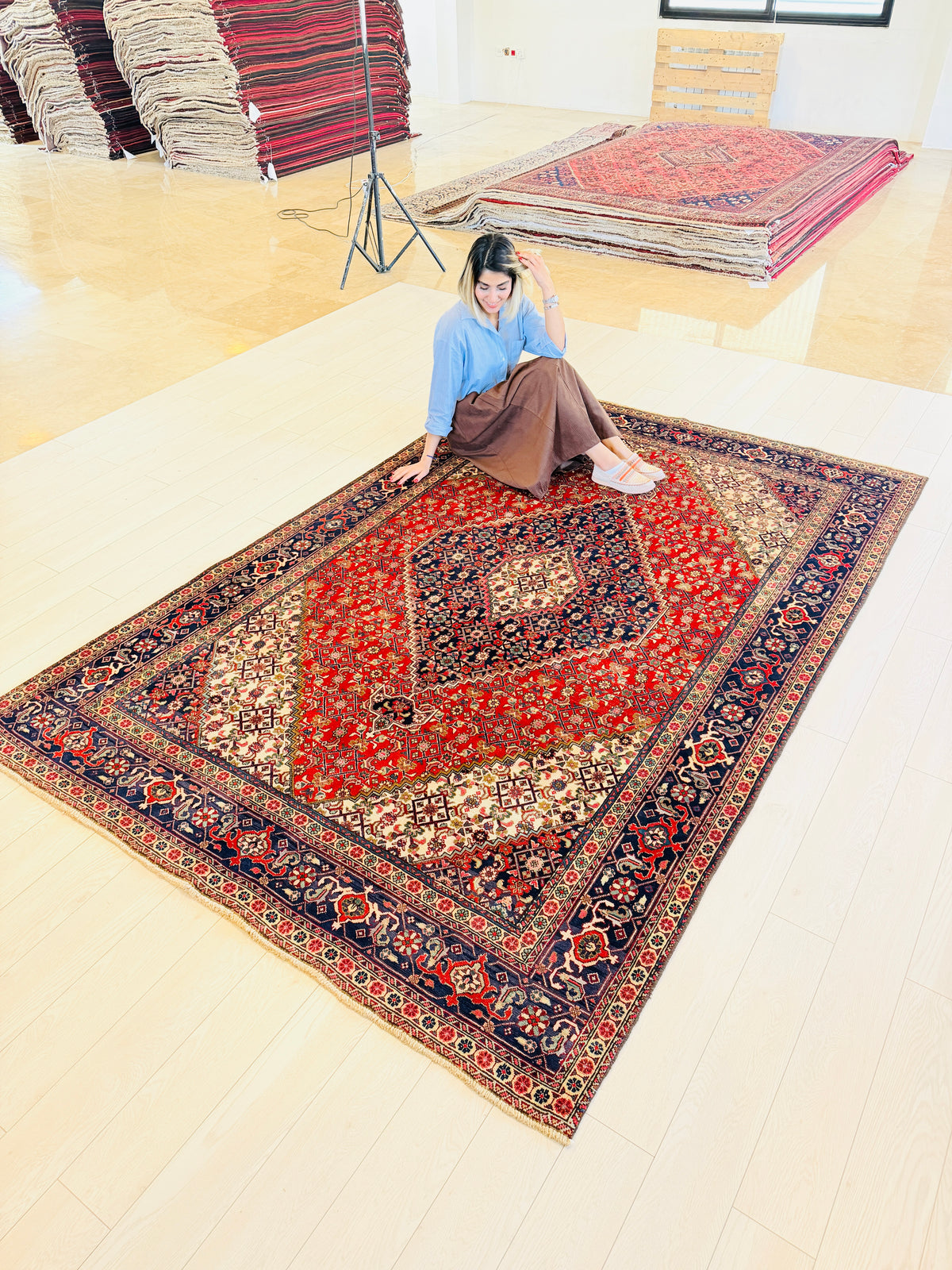 Vintage Brick red and navy blue Geometric Rug – 9' 4" x 6' 3" (284 x 190 cm)