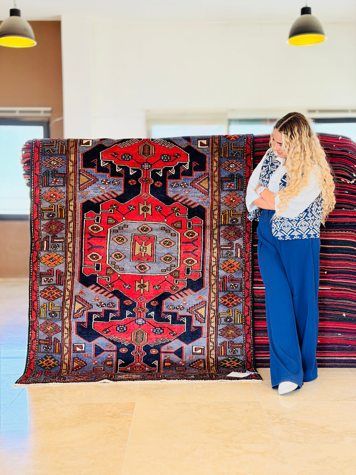 Collectible Vintage Red, Navy Blue Geometric Medallion Area Rug – 6' 6" x 4' 4" (197 x 132 cm)