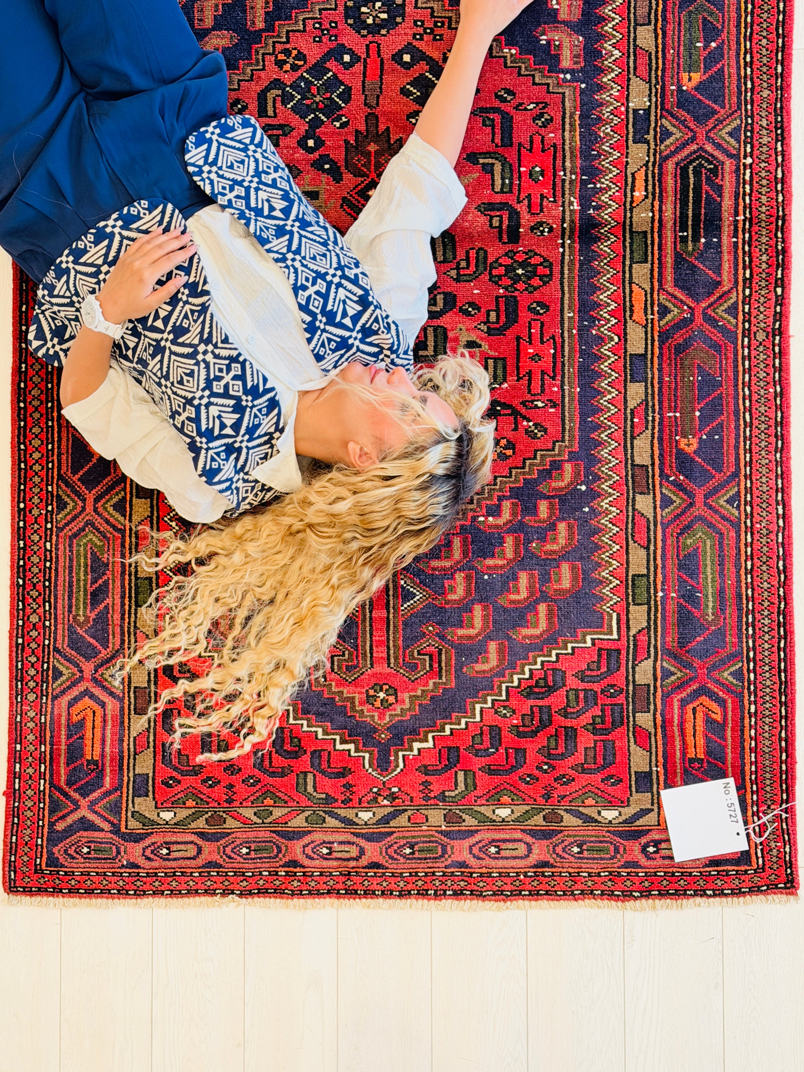 Vintage Rust Red, Navy Blue Allover Geometric Area Rug – 6' 8" x 3' 11" (202 x 119 cm)