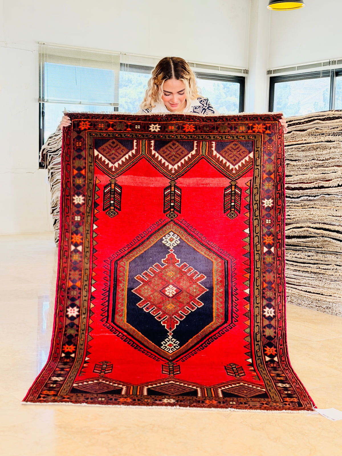 Vintage Red & Navy Blue Geometric Rug – 6' 4" x 3' 10" (192 x 118 cm)