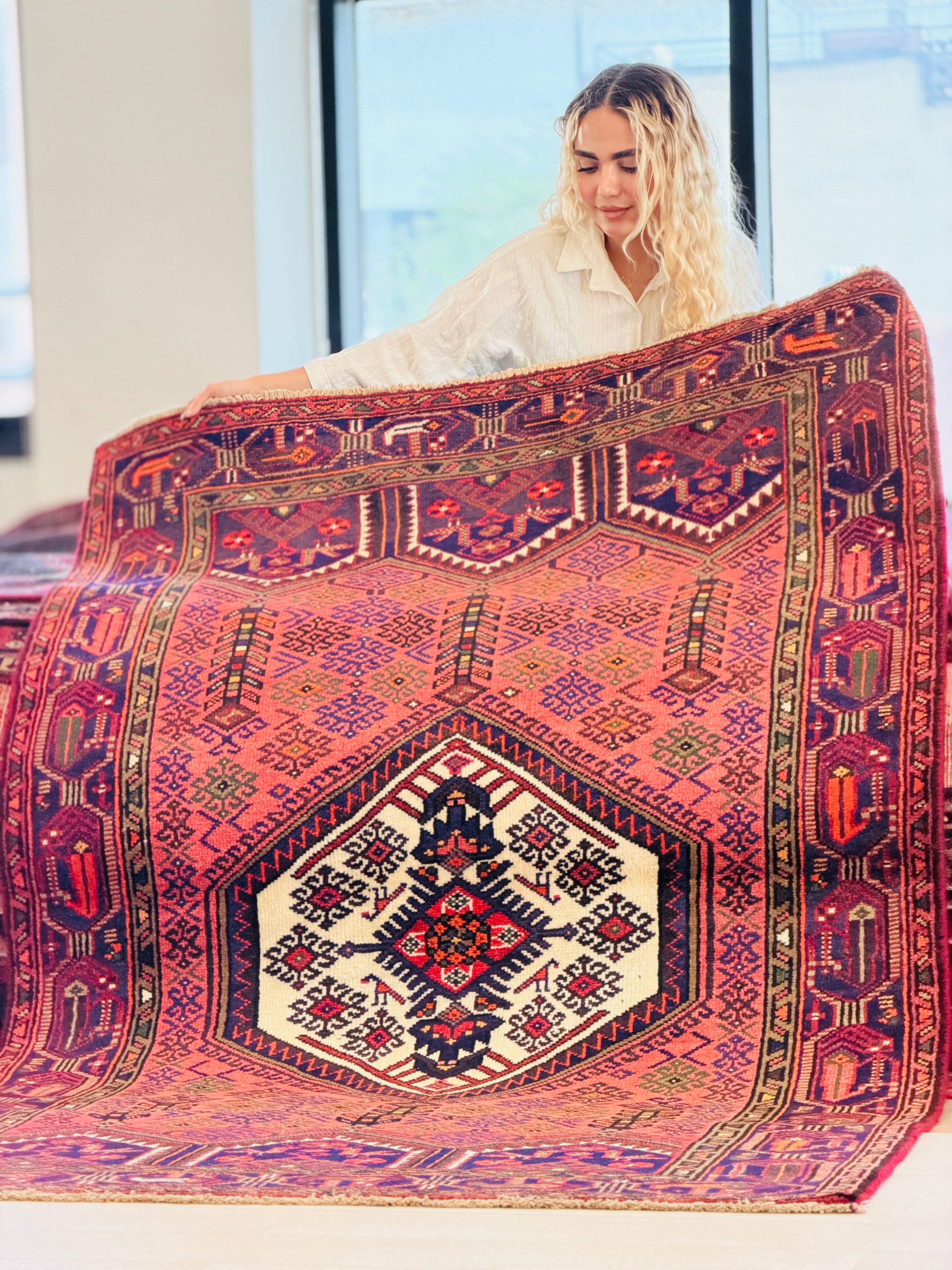 Vintage Rust Red & Navy Blue Geometric Area Rug – 6' 11" x 4' 2" (211 x 128 cm)