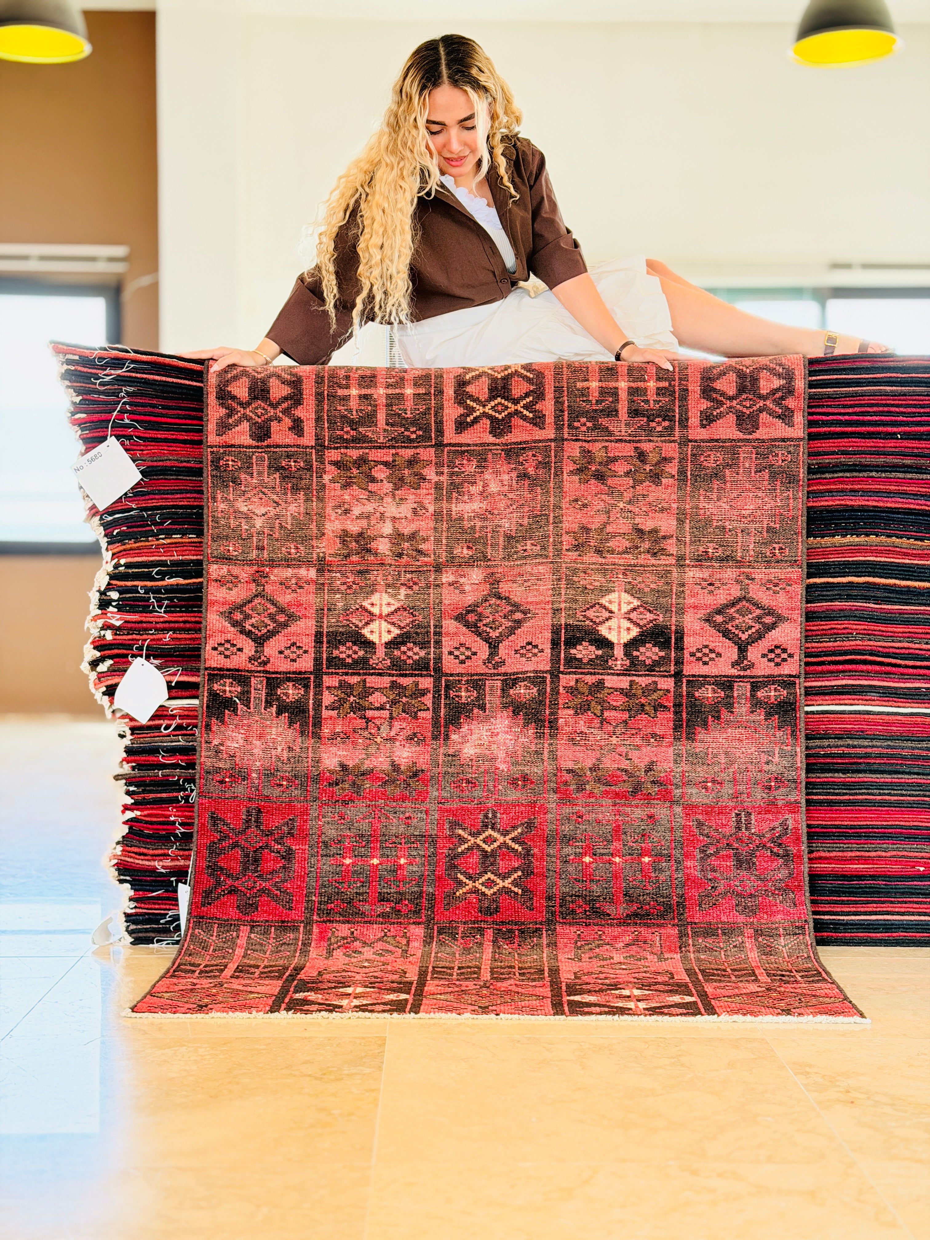 Collectible Vintage Faded Pinkish Red Compartment Design Area Rug – 6' 6" x 4' 0" (197 x 121 cm)